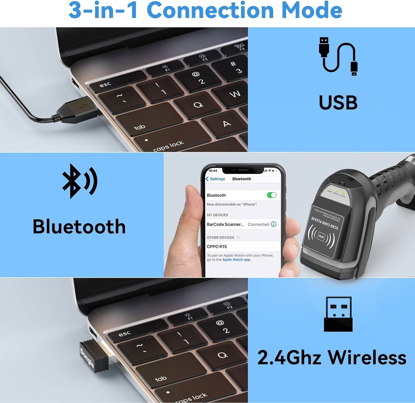 Alacrity Wireless Charging 1D 2D Barcode Scanner, UHF RFID Tags Reader, 2.4Ghz Wireless Bluetooth Wired 3 in 1 Connectivity, for Retail, Logistics, Manufacturing