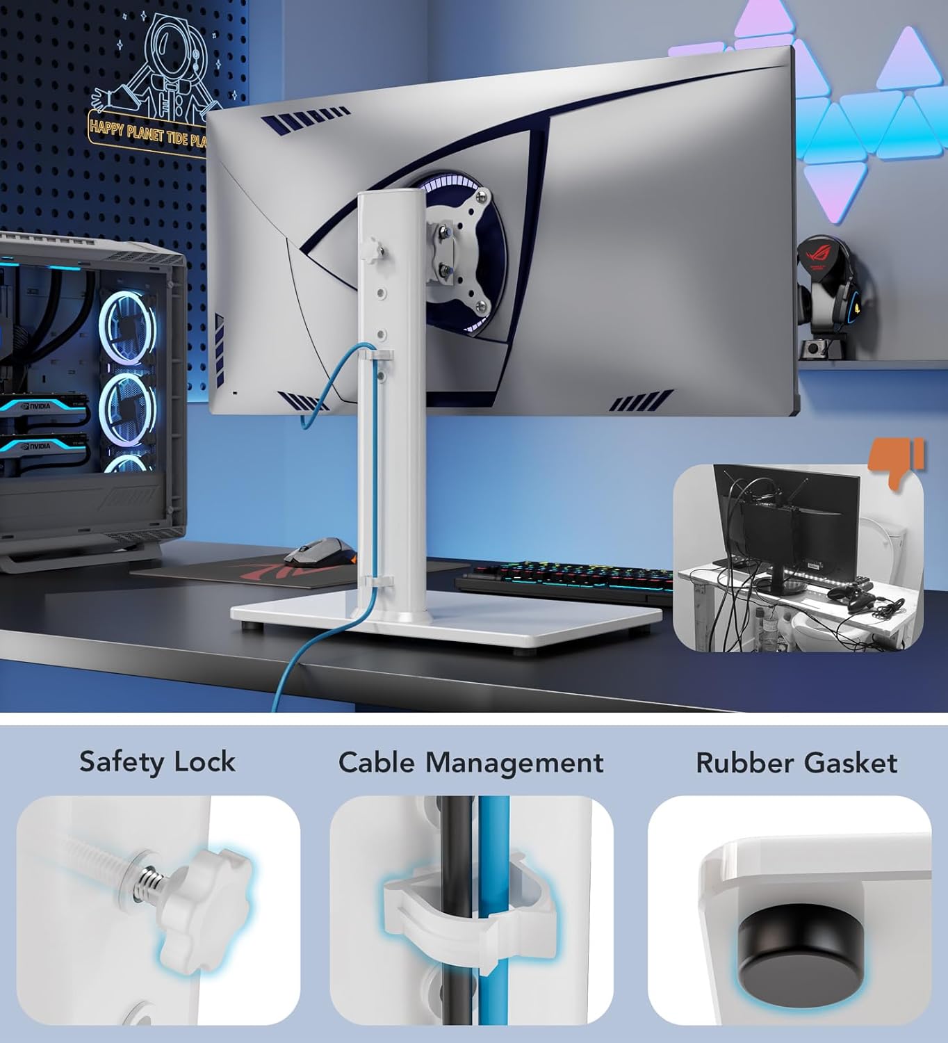 Single LCD Computer Monitor Free-Standing Desk Stand Riser for 13 inch to 32 inch Screen with Swivel, Height Adjustable, Rotation, Holds One (1) Screen up to 77Lbs(HT05W-001) White