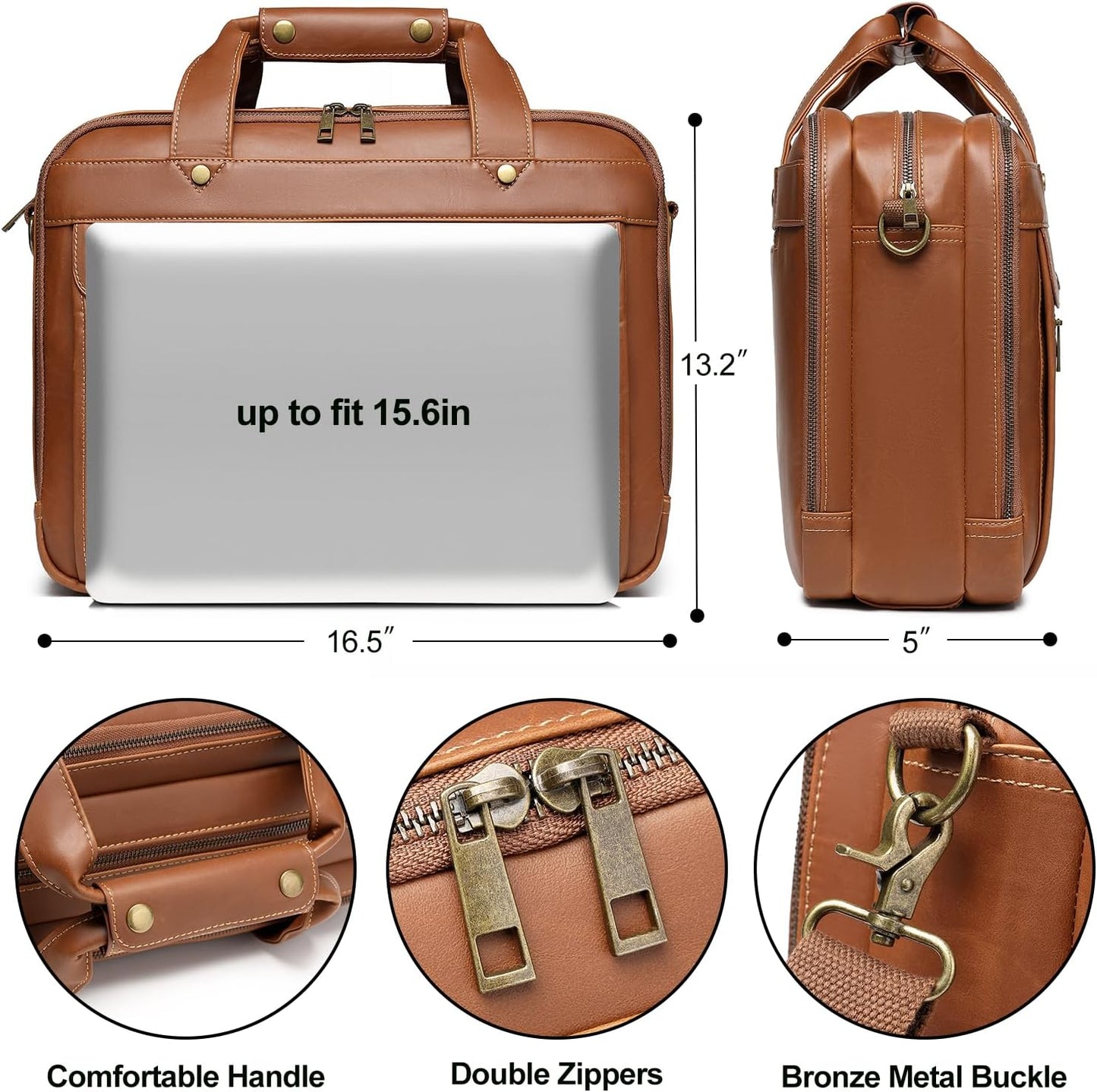 Leather Briefcases for Men 15.6 Inch Laptop Messenger Bag with Triple Compartments Water-Resistant Computer Shoulder Bag for Business, Travel, Work, Office, Coffee