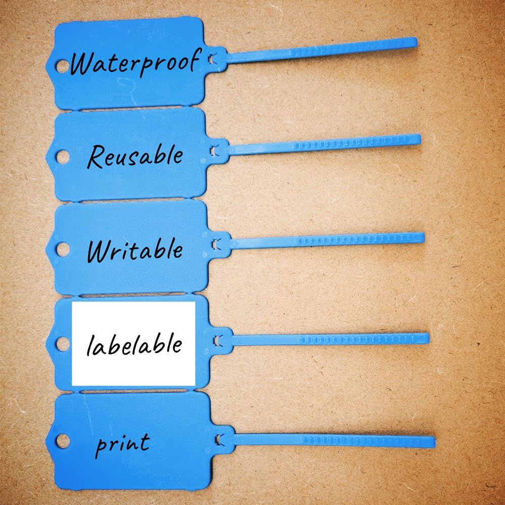 100pcs Reusable Blank Plastic Tags Ties Key Tags 1.45"*2.48" Serrated Tension Sealing Strap with Large Label Plastic Tie Mark Label Waterproof Hang Sign Write on Tag (Blue, 100pcs)