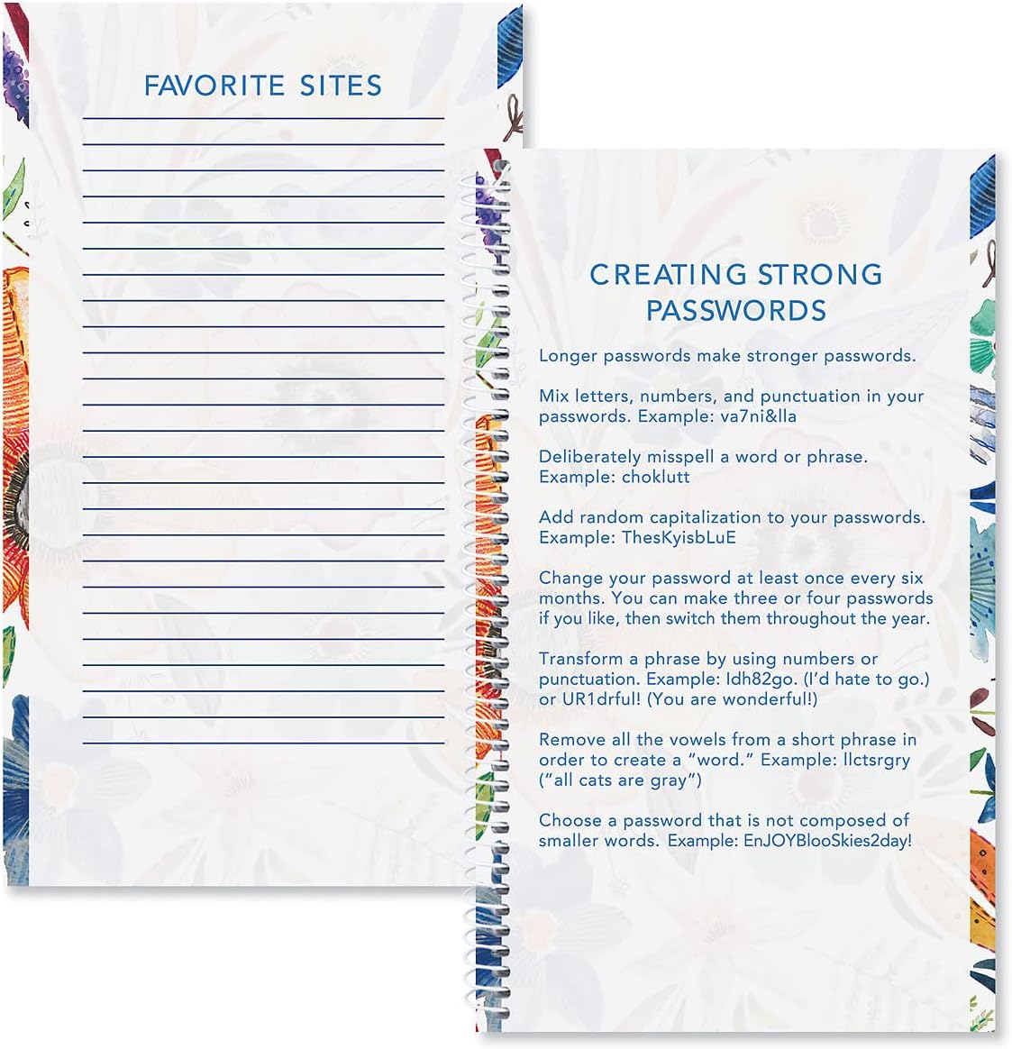 Current Embroidered Florals Password & PIN Keeper Book, 94 Pages, 5” x 8.5” Size Spiral Bound, Soft Cover Internet Organizer for Offline Website, Login, & Username Storage