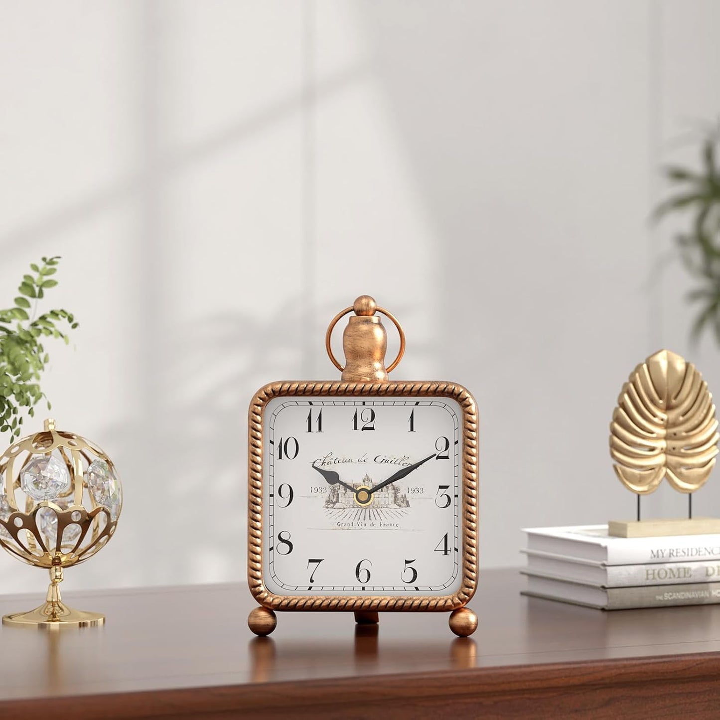 Vintage Gold Table Clock on Stand, Desk and Shelf Decor Clock, French Rustic Style Non-Ticking Mantel Clocks for Farmhouse, Living Room, Bedroom, Bedside, Gift (8.5" H x 5.5" W)