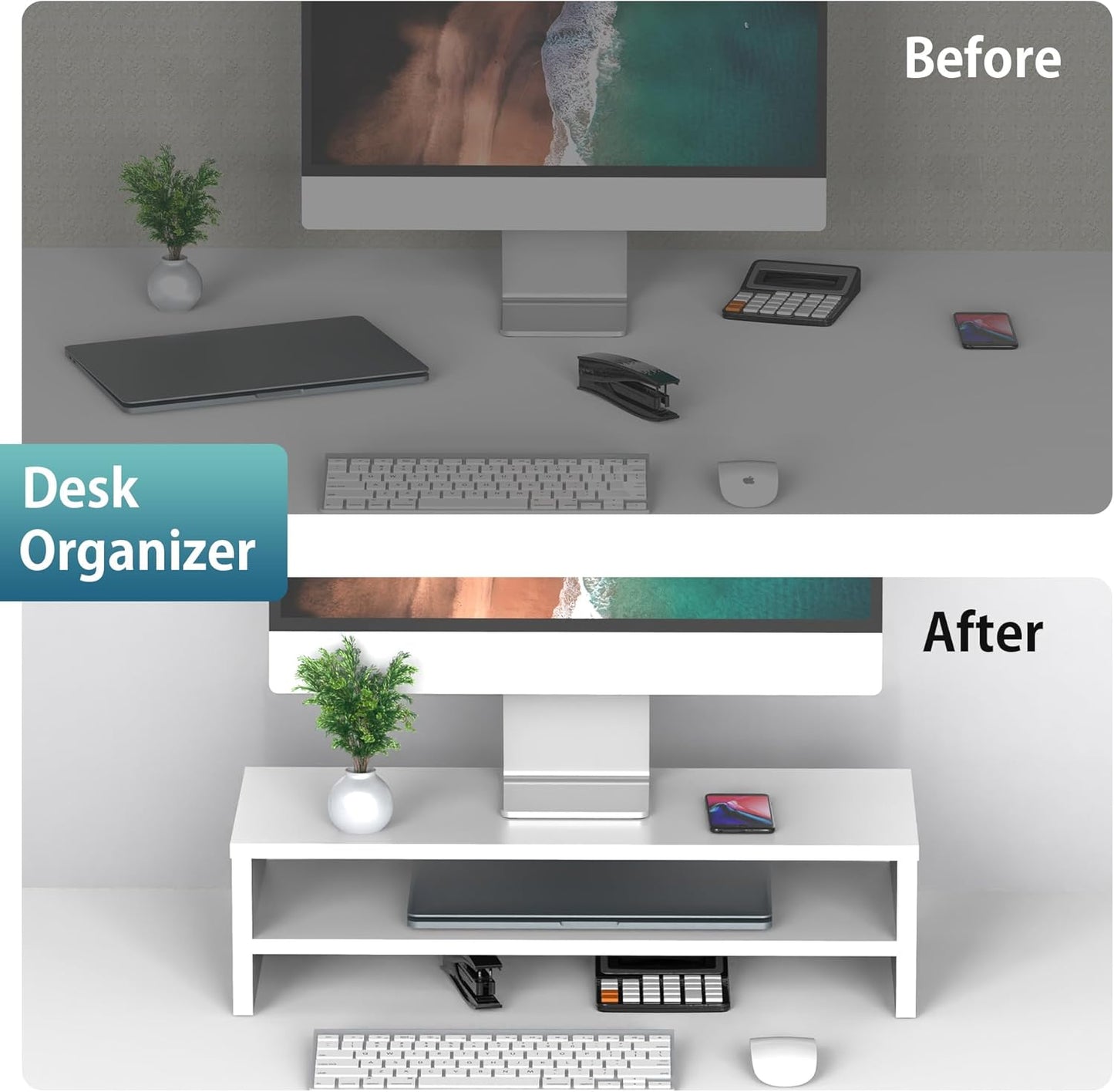 FITUEYES Monitor Stand - 2 Tier Computer Monitor Riser with 21.3 Inch Shelf, Wood Desktop Stand for Laptop Computer Screen, Desk Organization, Office Supplies