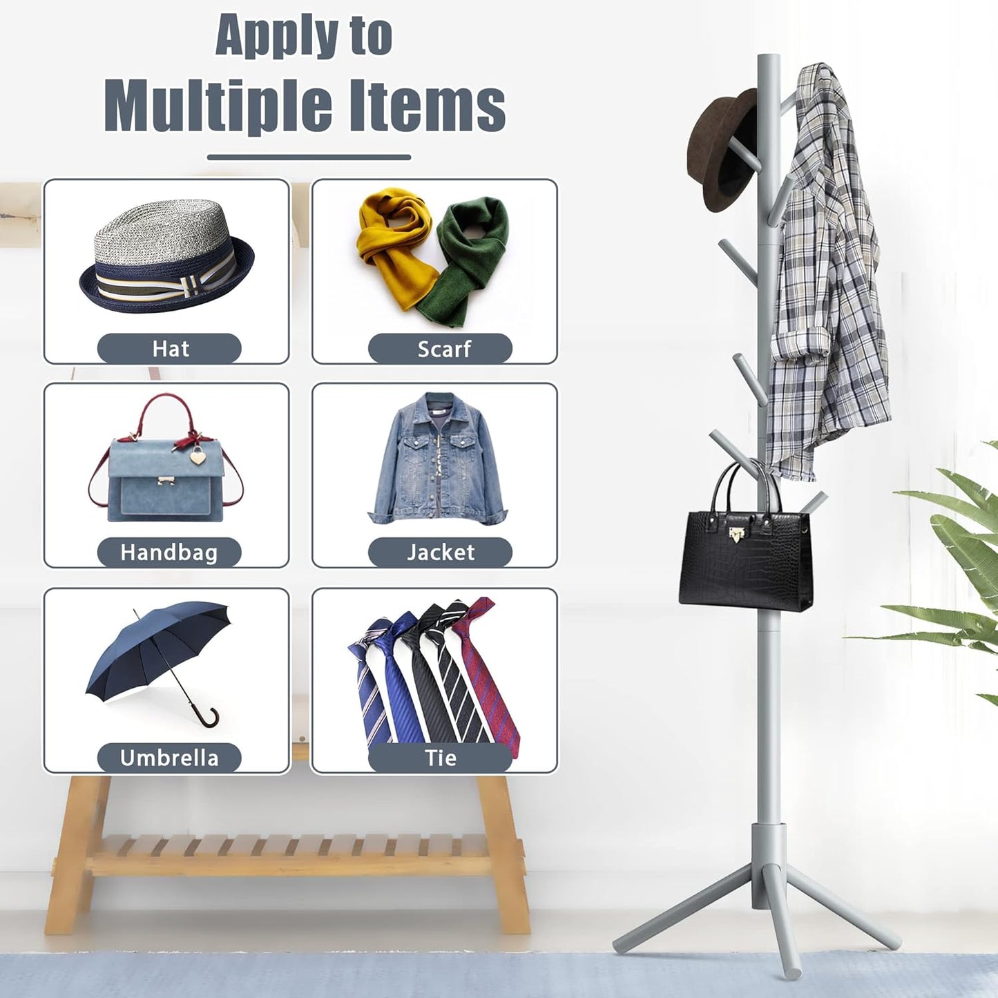 Haddockway Wooden Coat Rack Stand with 8 Hooks New Zealand Pine 3 Adjustable Coat Standing Tree Easy Assembly for Coats, Hats, Scarves and Handbags for Entryway, Hallway, Bedroom, Office