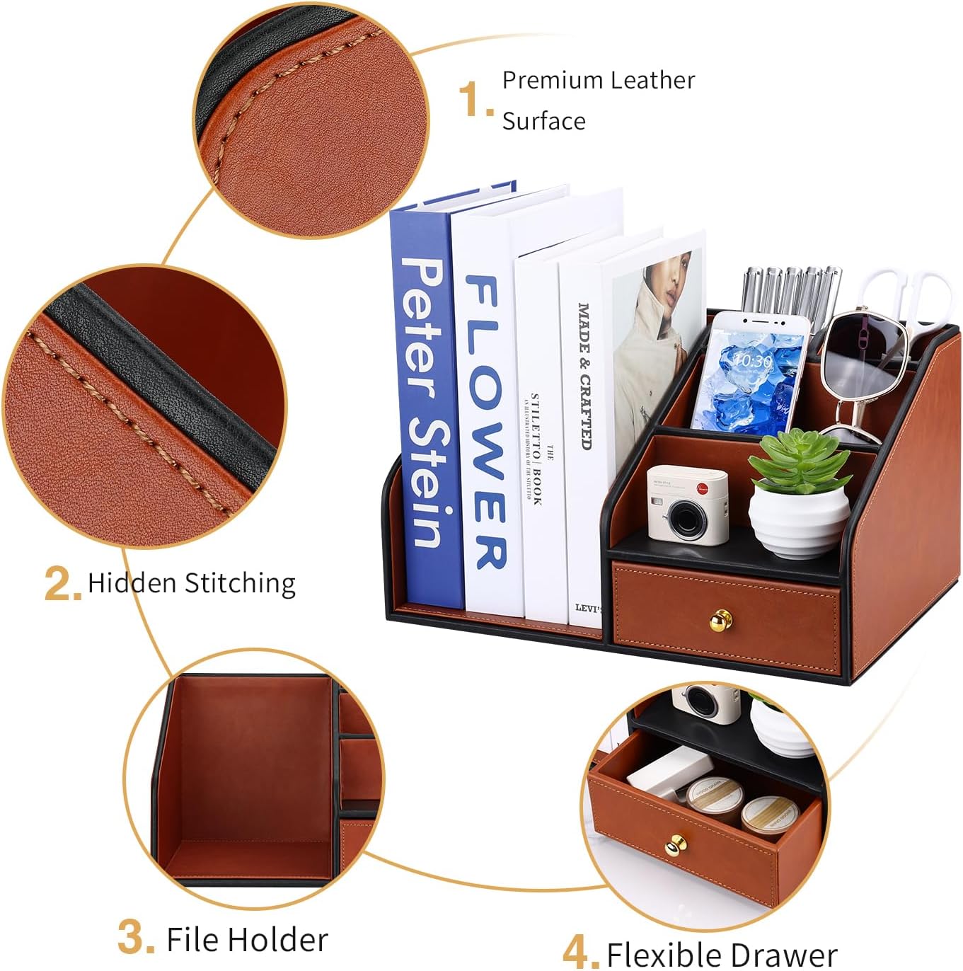 GORESE PU Leather Desk Organizer with Magazine File Holder, Drawer and 4 Compartments, Office Workspace Organizers and Accessories, Large Desktop Organization with File Rack Pen Holder - Tan Brown