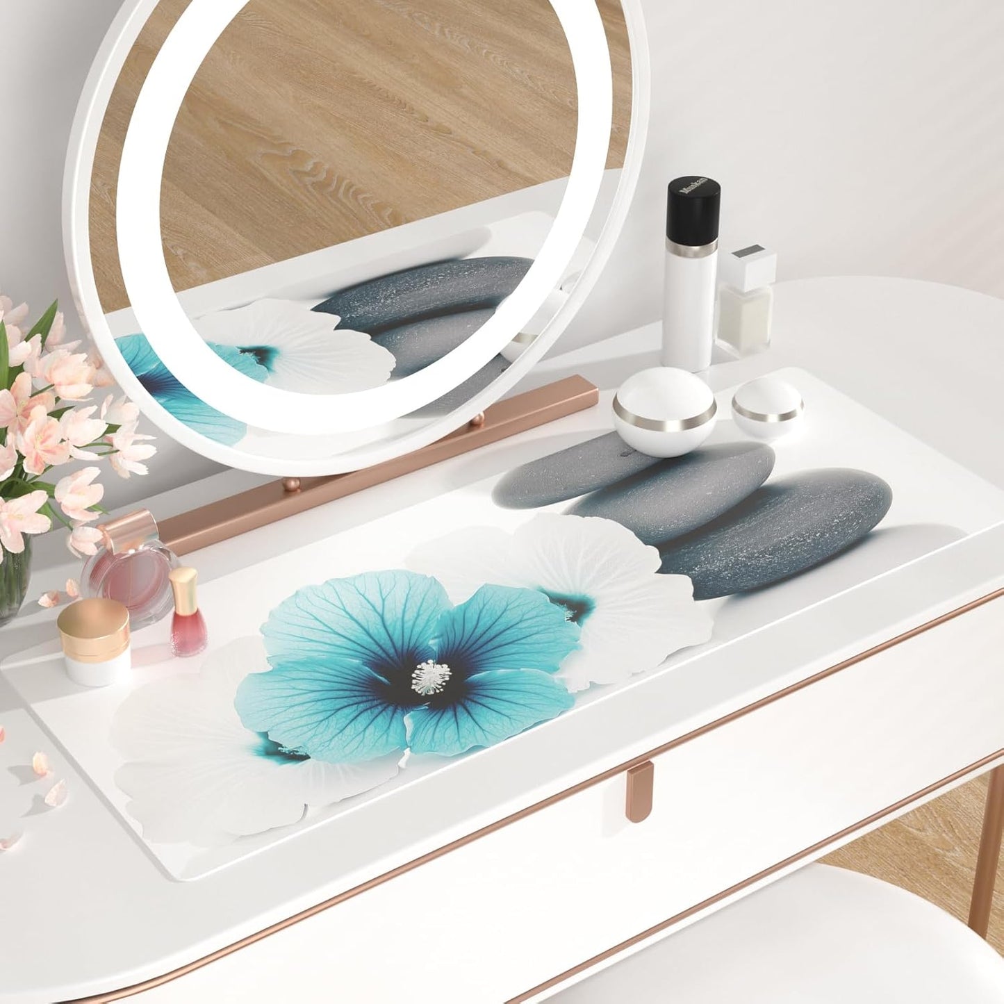 QIYI Desk Pad, Non-Slip PU Leather Desk Blotter Protector, Kids Floral Print Waterproof Computer Desk Mat, Thick Home & Office Large Keyboard Mouse Pad 31.5" x 11.8" - Pebbles & Blue White Flowers