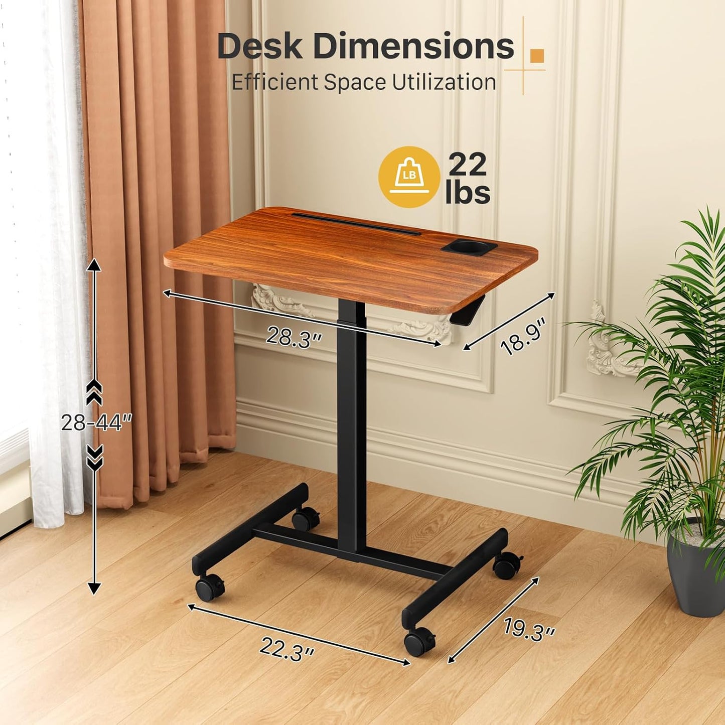 Mobile Standing Desk, Rolling Laptop Cart Adjustable Height with Cup Holder, 28 inch Portable Table with 4 Lockable Wheels, Walnut Computer Workstation with Hook and Slots for Home Office