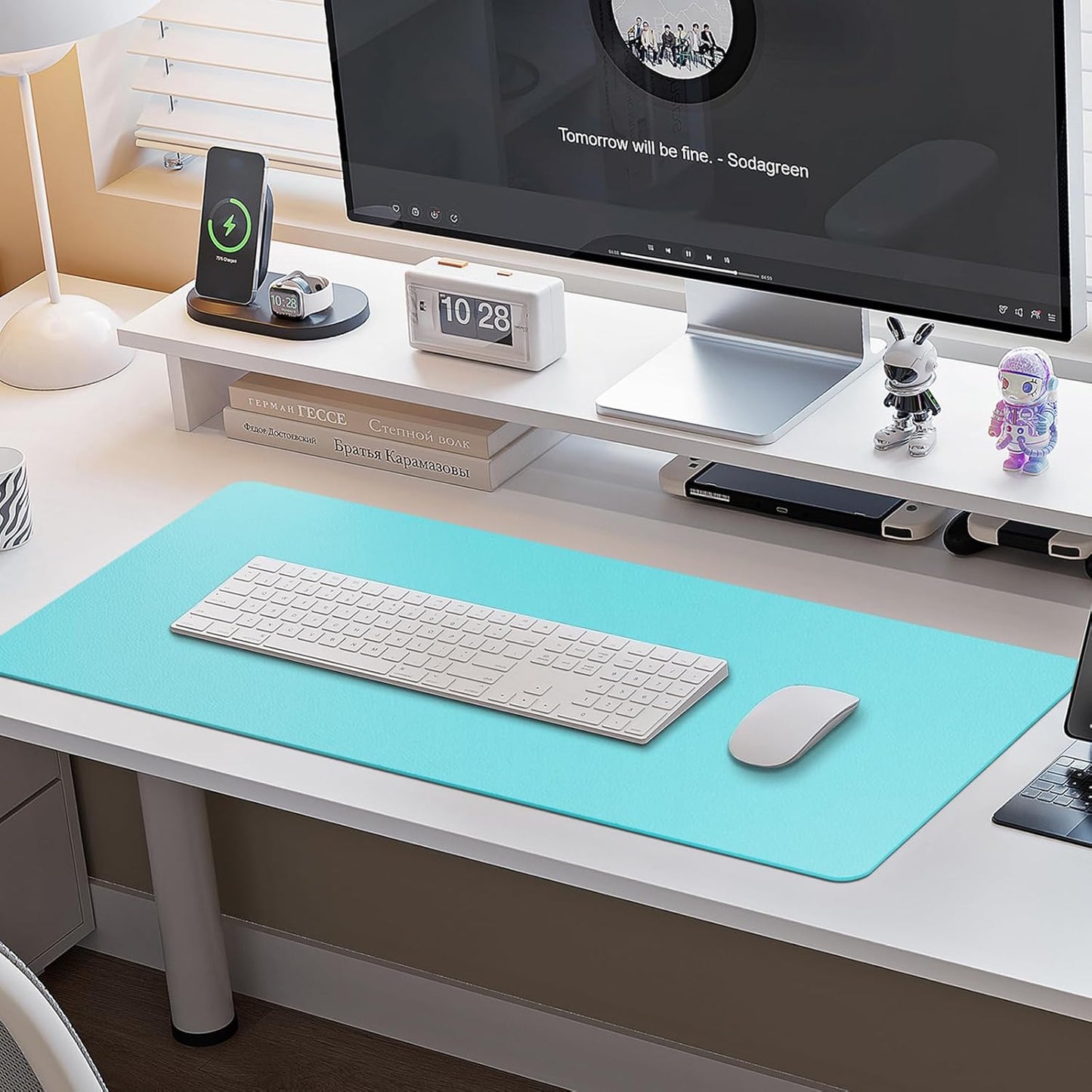 Boutilon Leather Desk Pad Protector,Non-Slip Mouse Pad,Laptop Desk Pad,Office Mouse Mat,Waterproof Leather Desk Blotter,Desk Writing Pad for Office and Home (XXXL-Bright Blue,47"x 24")