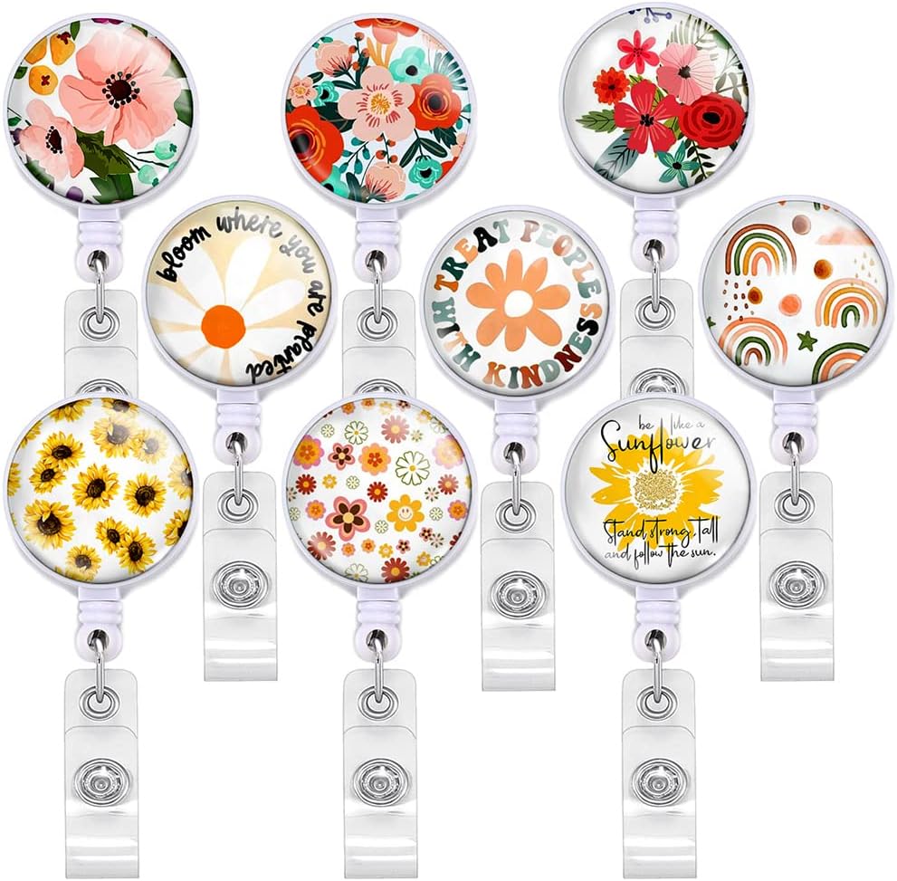 9 Pcs Flowers Badge Reel Retractable Holder Name Decorative Badge Reel Clip with Alligator Clip on ID Card Holders for Office Worker Doctor Nurse