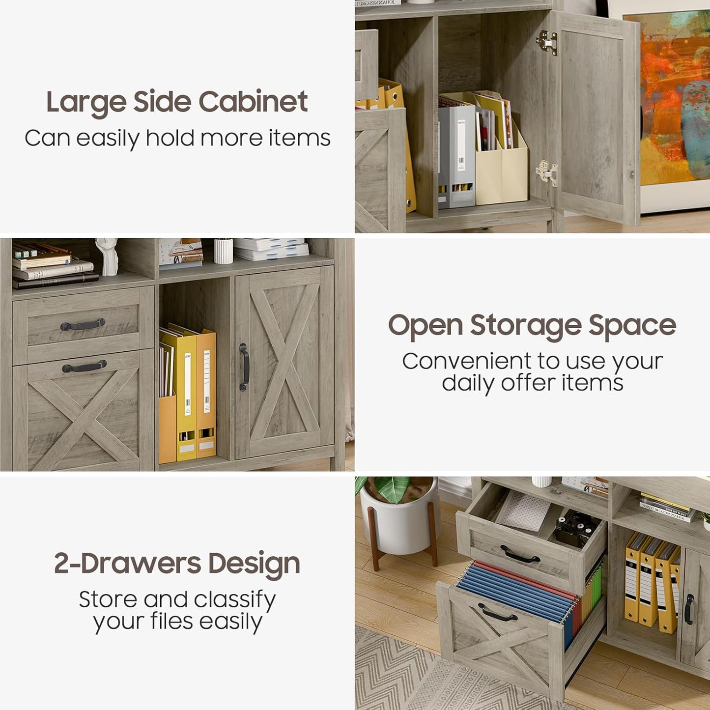 Lateral File Cabinet with 2 Drawers and Door, Farmhouse File Cabinet for A4/Letter Size Hanging Files, Large Wood File Storage Cabinets Printer Stand with Open Space for Home Office Furniture, Grey