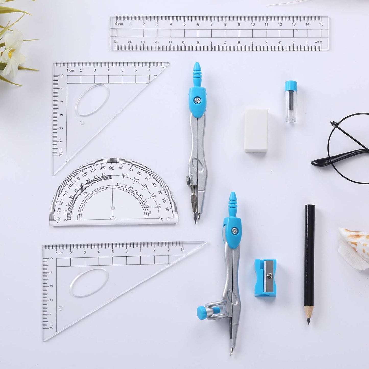 10 Pieces Math Geometry Kit Set Student Supplies with Shatterproof Storage Box,Includes Rulers,Protractor,Compass,Eraser,Pencil Sharpener,Lead Refills,Pencil,for School and Drawings(Blue)