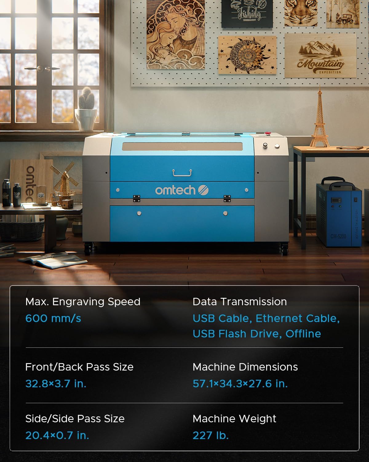 OMTech 90W CO2 Laser Engraver | 20"x28" Work Area | Air Assist & 4-Way Pass-Through | Water Pump | Cuts & Etches Wood, Glass, Acrylic | High-Power, Safe, Efficient Commercial Laser Cutter