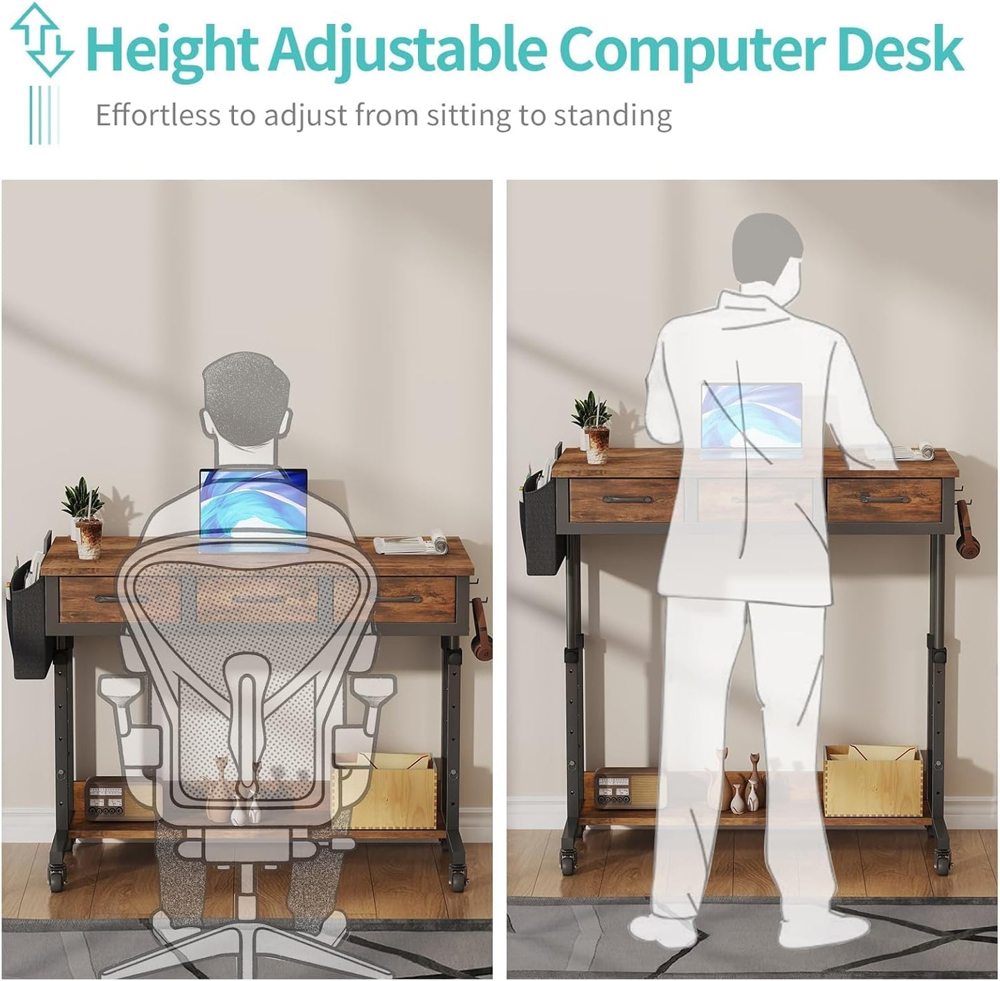 Rolling Standing Desk Adjustable Height with Drawers on Wheels, 40 Inch Portable Mobile Stand Up Computer Desks for Bedroom Home Office, Couch Sofa Side Laptop Table with Storage, Rustic Brown