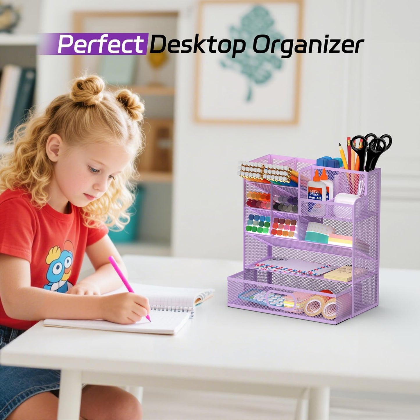 Mesh Pen Organizer for Desk, Multi-Functional Pencil Holder with Drawer Desk Organizers, Large Capacity Storage for School Office Home Supplies (Purple)