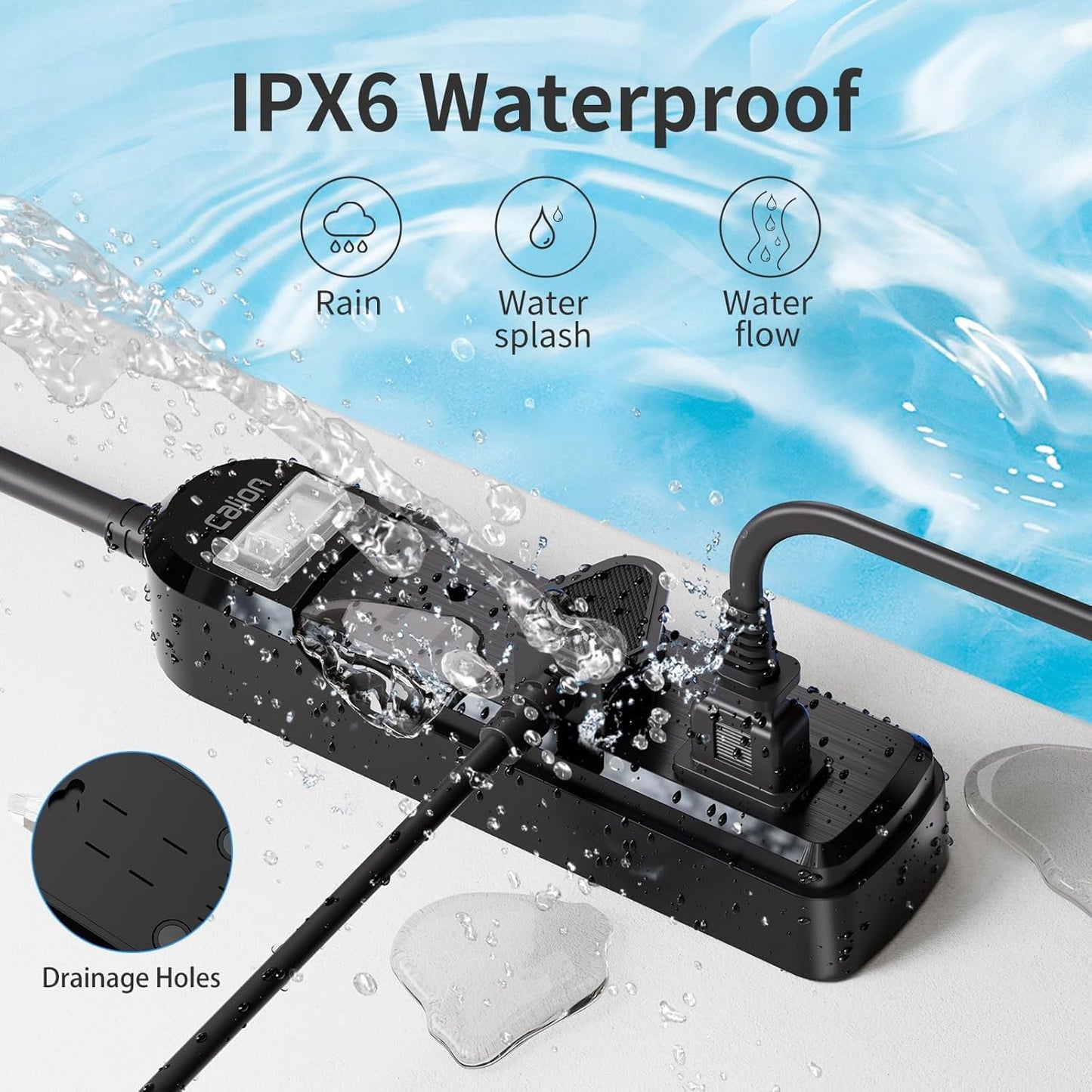 IPX6 Outdoor Power Strip Weatherproof, Waterproof Surge Protector with 3 Wide Outlet 6FT Long Extension Cord, Wall Mountable for Outside Decorations and More UL Listed(Black)