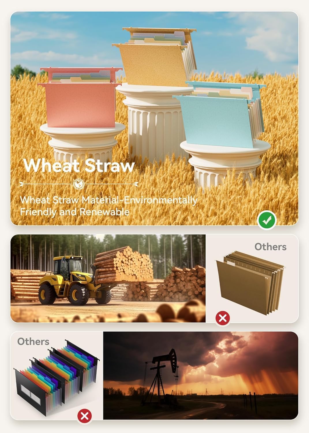 Wheat Straw Expanding Hanging File Folders, File Organizer, 1.2" Accordion Pockets, Large Capacity, Letter Size for Filing Cabinet, 100% BPA Free, Return to Nature, Healthy Living-Pink