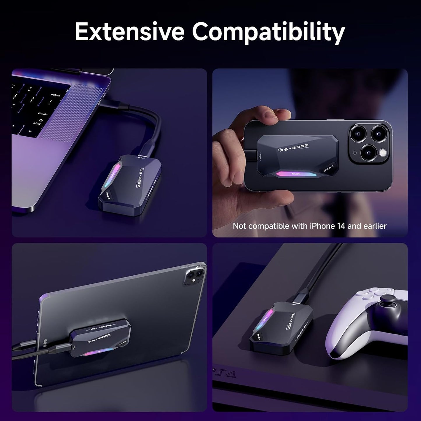 500GB Magnetic Portable SSD,2050MB/s Type-C USB 3.2 Gen 2x2 External SSD,4K ProRes Record and Store,Aluminum alloy,RGB Touch Lighting,External Solid State Drive for iPhone15/16/Android/PC/Mac -PS2200