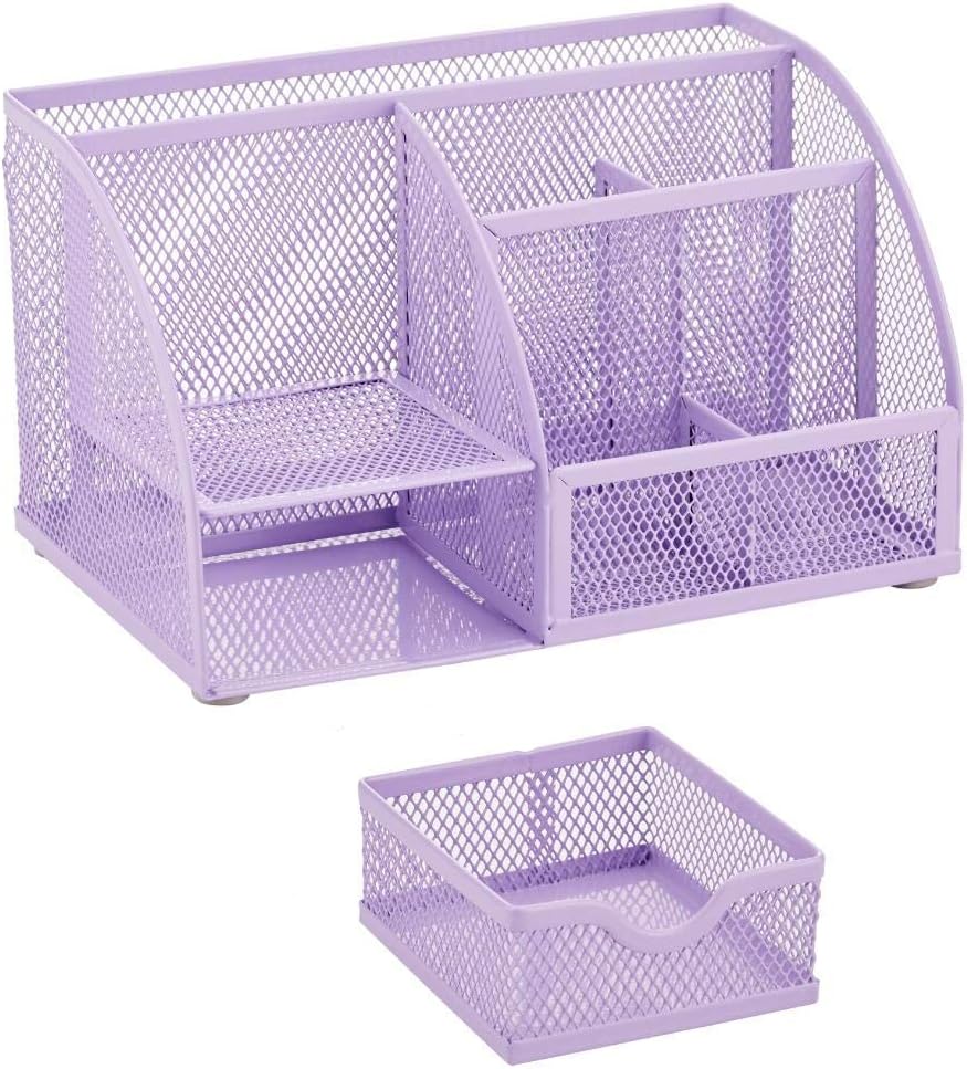Annova Mesh Desk Organizer Office with 7 Compartments + Drawer/Desk Tidy Candy/Pen Holder/Multifunctional Organizer (Light Purple)