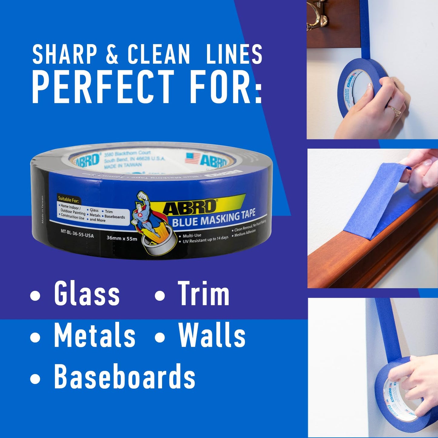 ABRO Blue Painters Tape 1.5 Inch Wide, 36mm x 55M, All Purpose Blue Tape, Temporary Labeling, Easy Tear, Clean Removal, Masking Tape Colored DIY or Pro