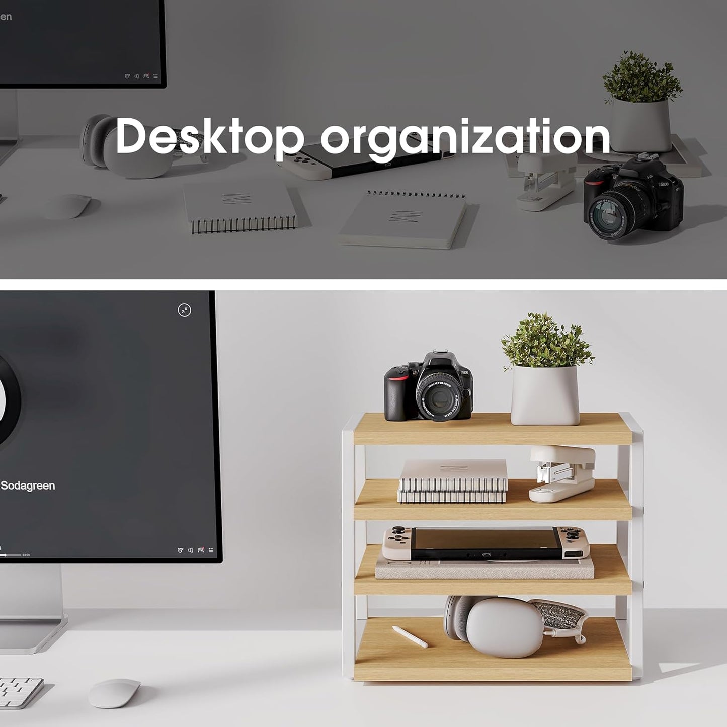 Fenge Desk Shelf Organizer, 4 Tier Desktop Shelf, Wood and Metal Office Shelves, Corner File Organizer for Office Supplies, Top of Desk Organizers and Accessories