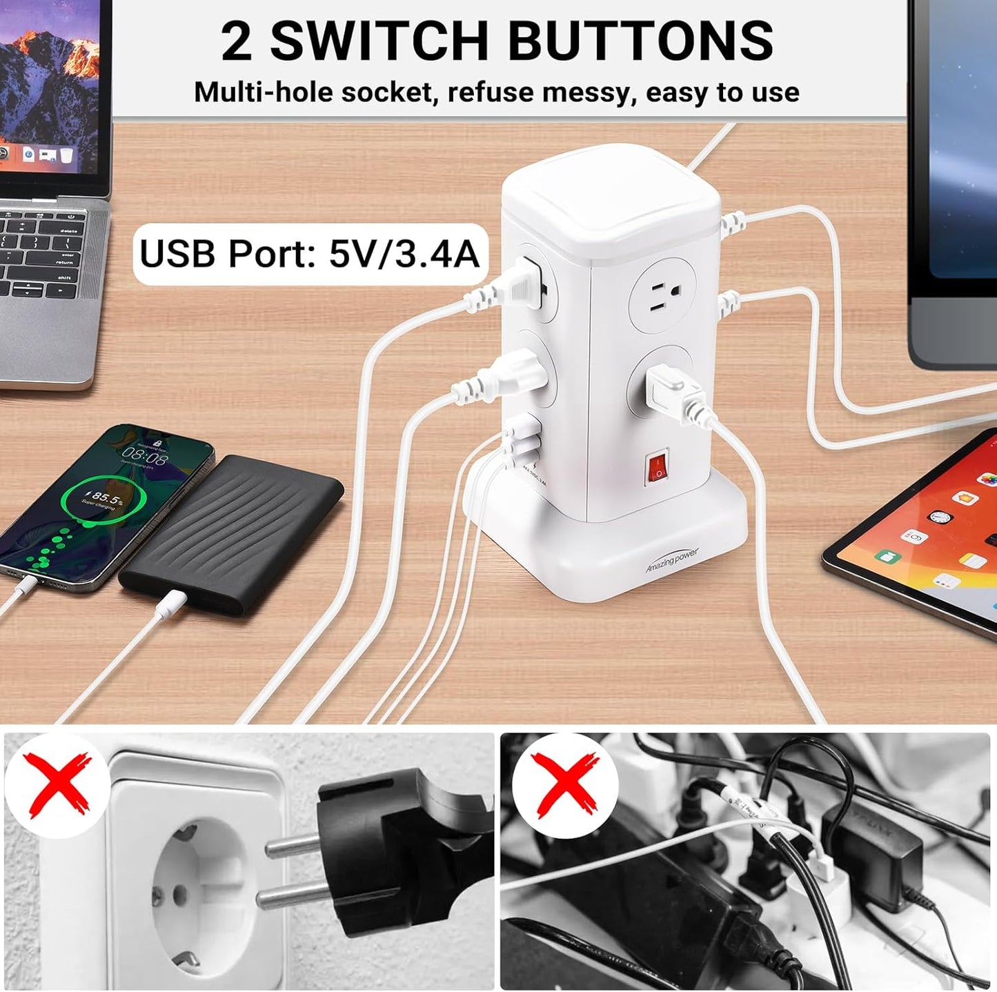 6.5Ft Surge Protector Power Strip Tower - 8 AC Outlets & 6 USB Ports Multi-Device Charging Station with Overload Protection, for Home/Office/Dorm