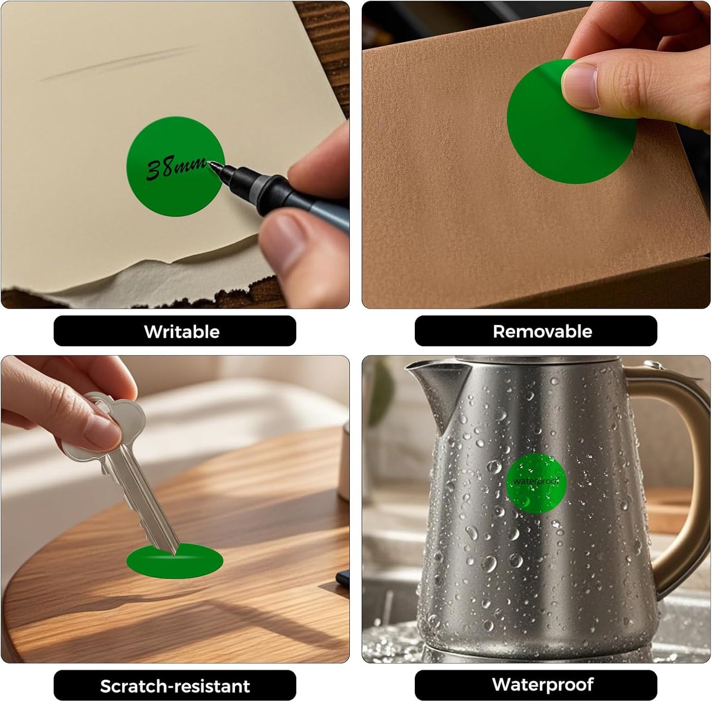 1000 PCS Green Dots Stickers 1.5 Inch Vinyl Color Coding Round Sticker Removable Writable Circle Labels Roll for Inventory Office Classroom