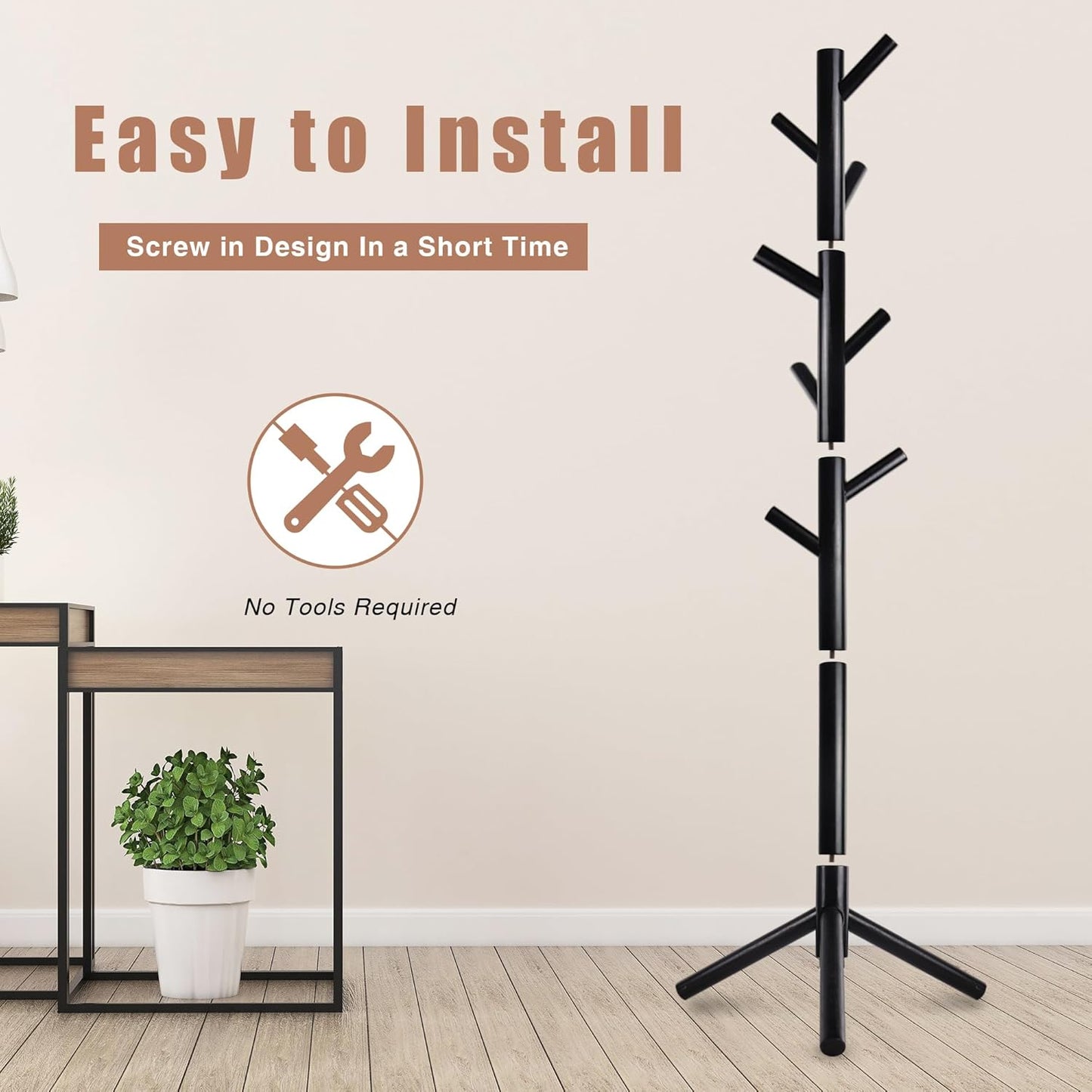 Wooden Coat Rack, Free Standing Coat Rack with 8 Hooks 3 Adjustable Heights for Clothes, Hats, Handbags, Coat Tree Easy Assembly for Entryway, Bedroom, Hallway, Office (New Black)