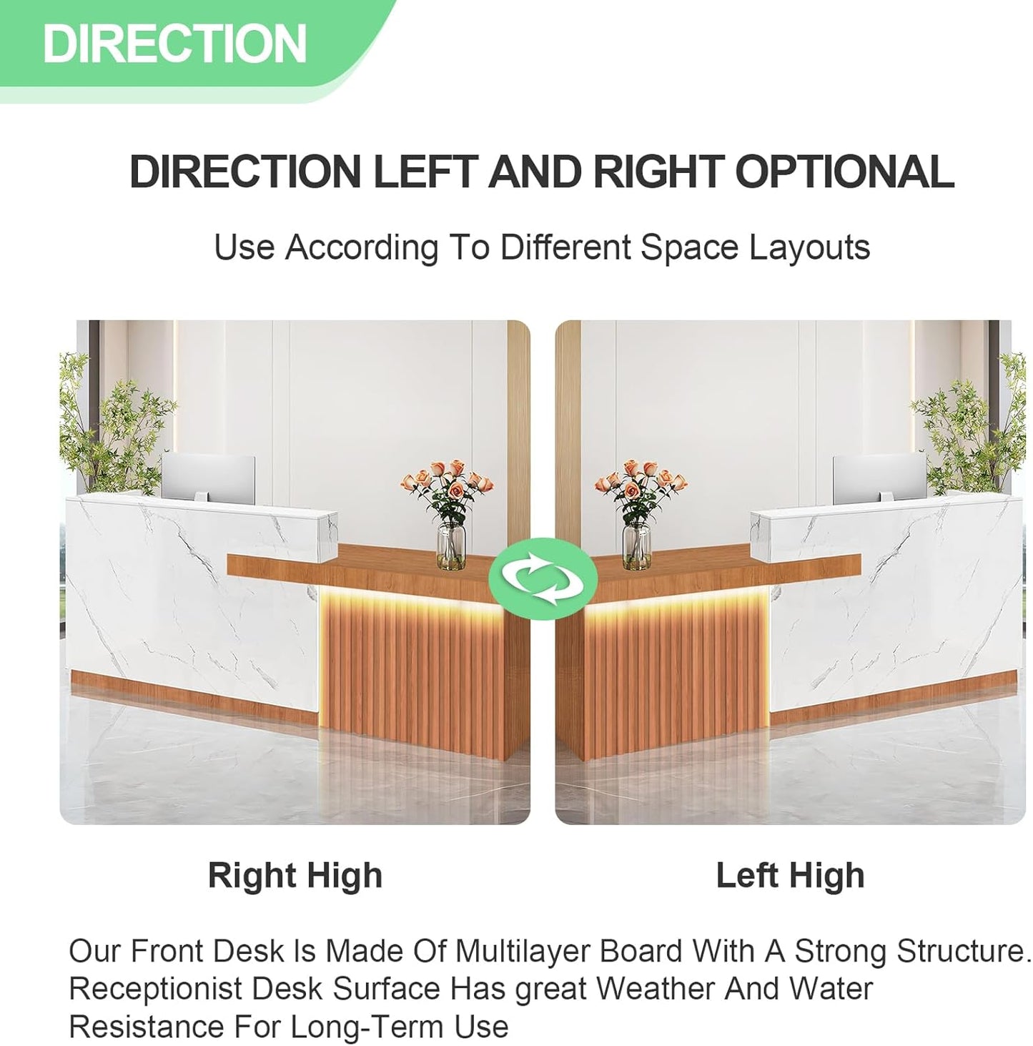 Modern Reception Desk with Counter and Drawer Office Front Desk with Cabinet Wooden Commercial Reception Table Checkout Counter for Retail Salon Lobby White and Brown Right 79inch/200cm