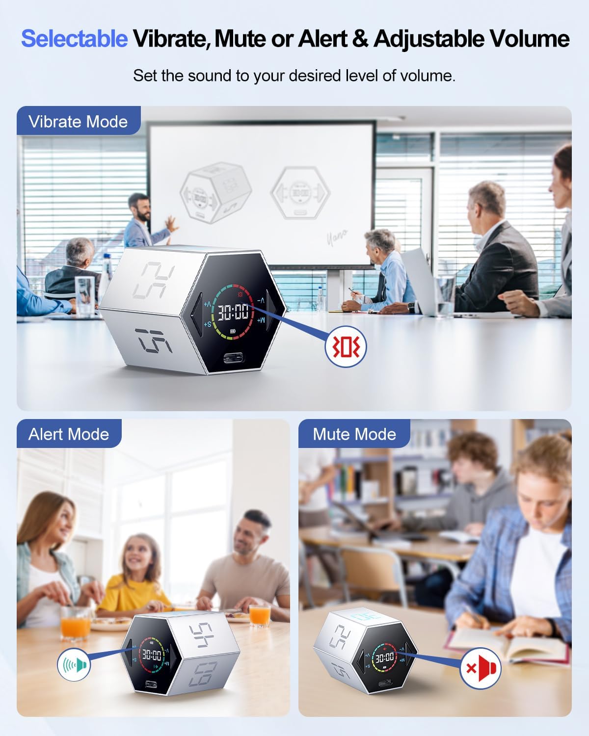 Ticktime Pomodoro Timer Cube, Hexagon Productivity Timer, Pause & Resume, Silent, Vibrate & Adjustable Sound Alert, for ADHD, Task, Work, Study, 5/15/25/30/45/60min & Custom Countdown, Silver