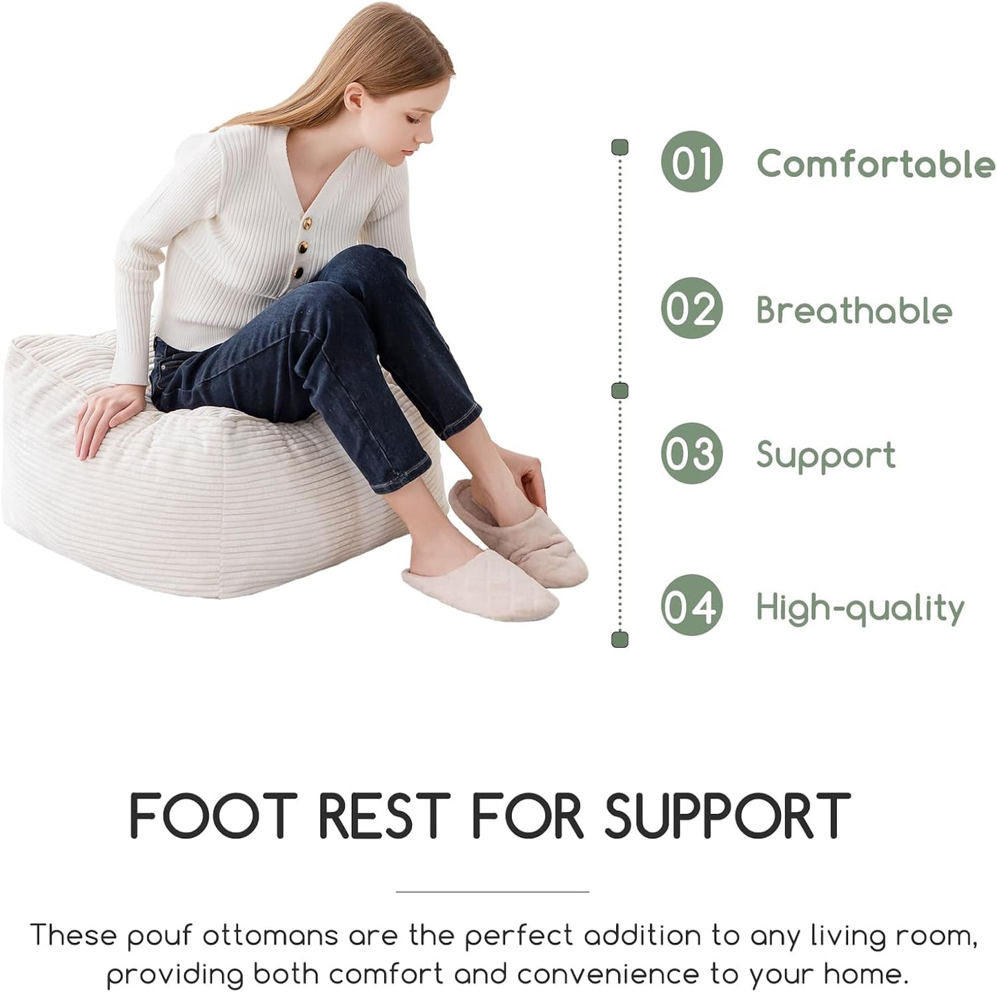 HIGOGOGO Square Stuffed Pouf Ottoman, Corduroy Poufs with Foam Chunk Filling, Furry and Fluffy Pouf Foot Stool Storage Ottoman, 25.6 X 25.6 Floor Poufs Foot Rest for Living Room, Beige