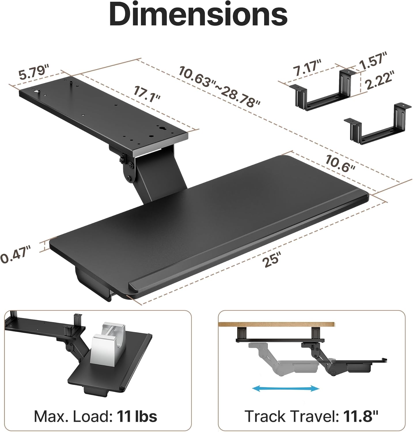 Keyboard Tray Under Desk with Storage Drawer, Height Adjustable Keyboard Tray Slide Out Swivel Tilt, Ergonomic Under Desk Mount Keyboard & Mouse Holder for Gaming Home Office, 25x11'', Black