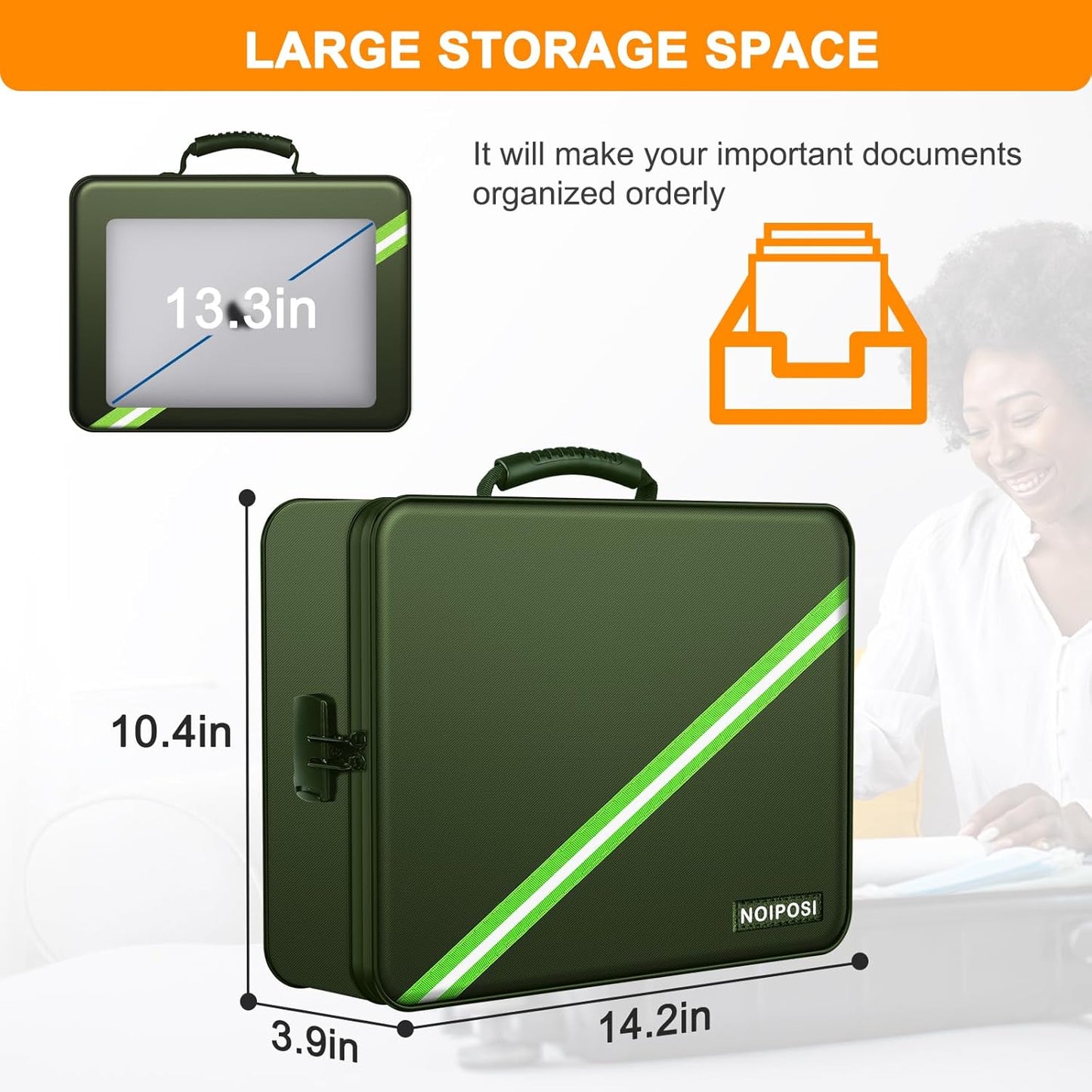 Noiposi Document Organizer with 5200℉ Heat Insulated,Waterproof and Fireproof Document Box,Portable Home Travel Safe Storage Box for Important Documents,File and Birth Certificate,Green