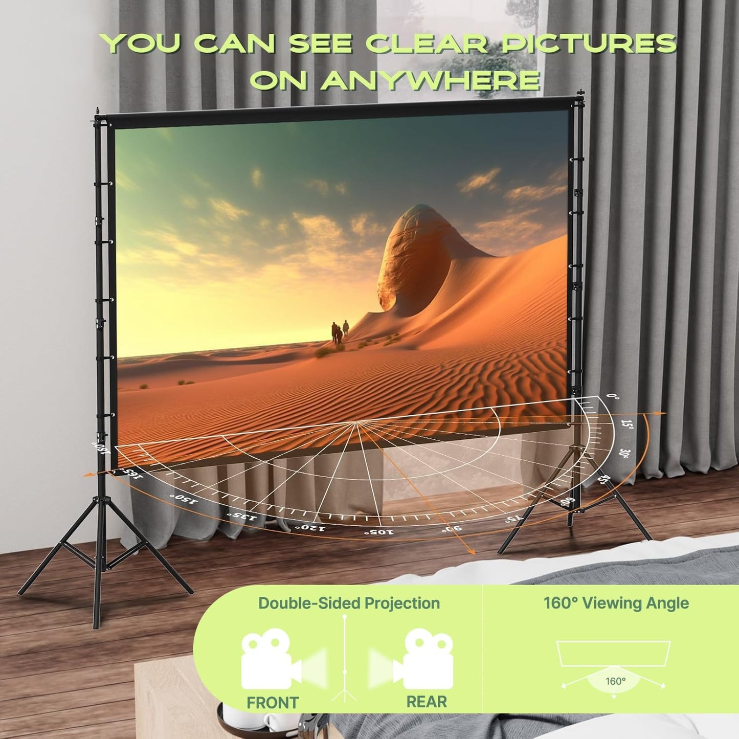 AAJK 150in Projector Screen with Stand,Portable 16:9 4K HD Indoor Outdoor Projection Screen with Wrinkle-Free Design, Ideal for Home Theater and Backyard Cinema – Includes Carry Bag