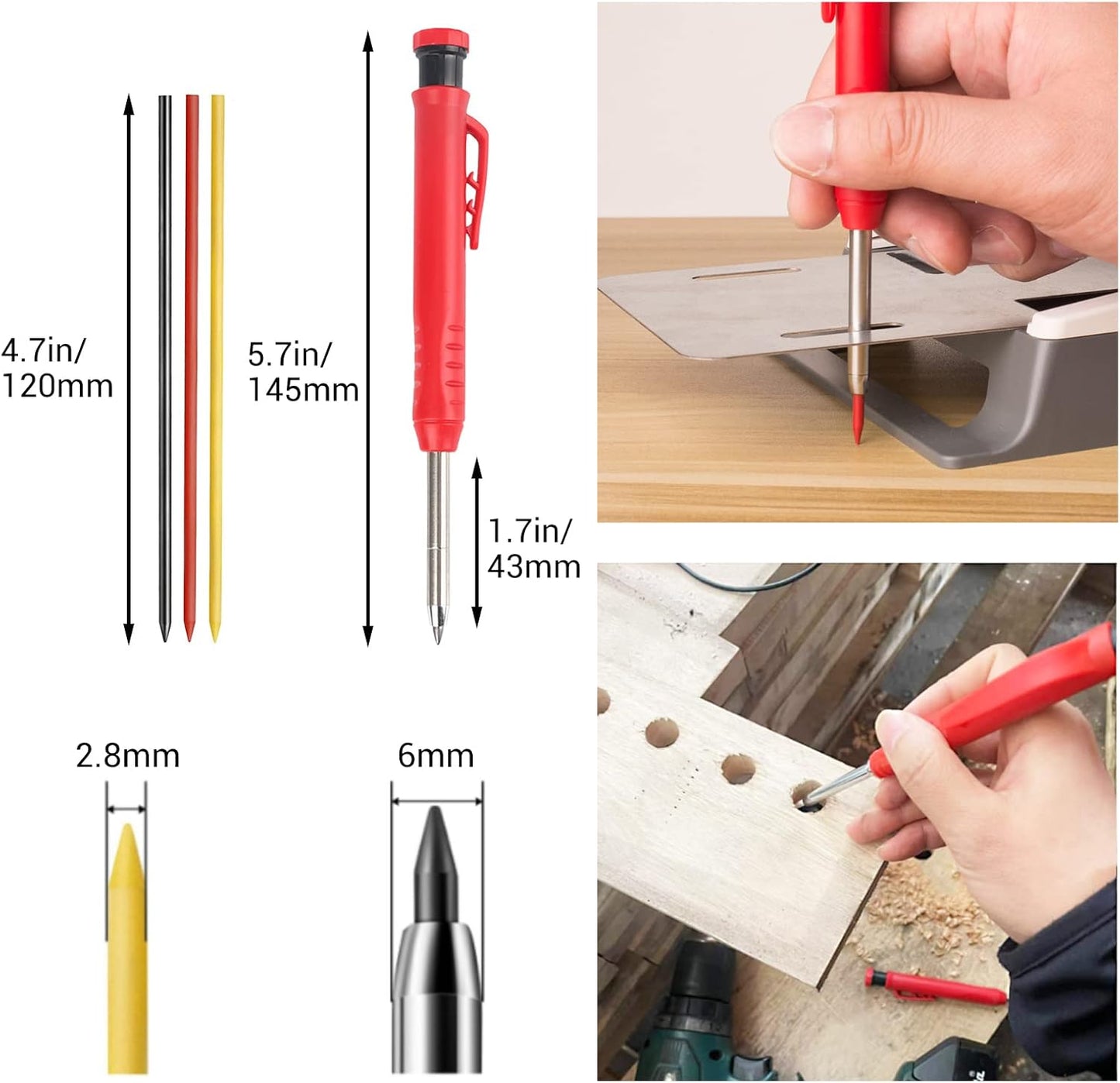 Gegong 3 Pieces Solid Carpenter Pencil with 21 Refill Built-in Sharpener, Long Nosed Deep Hole Mechanical Pencil Marker Marking Tool (Solid Carpenter Pencil Set)