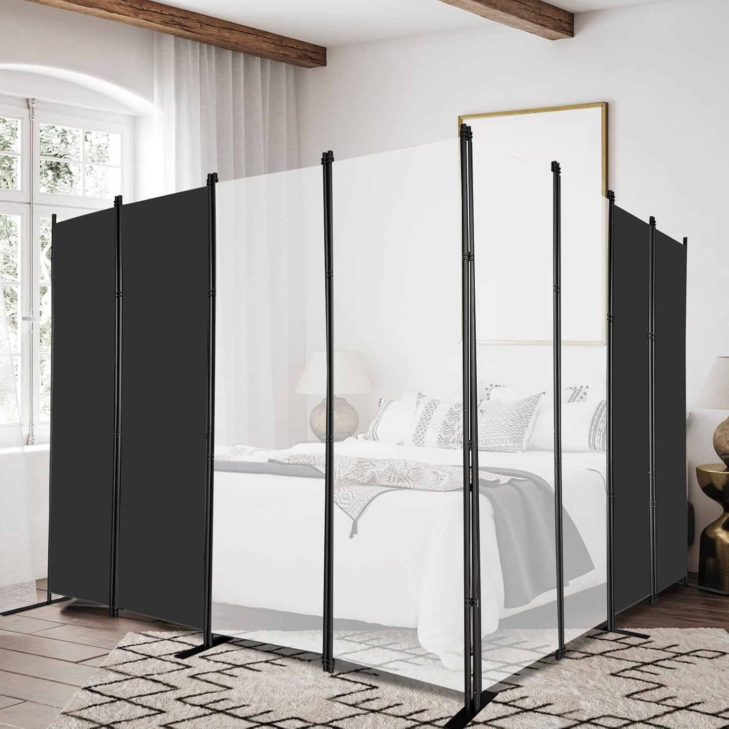 MAYOLIAH 8-Panel Black Room Divider 6ft Tall Folding Privacy Screen Portable Office Partition 160" W X 72" H