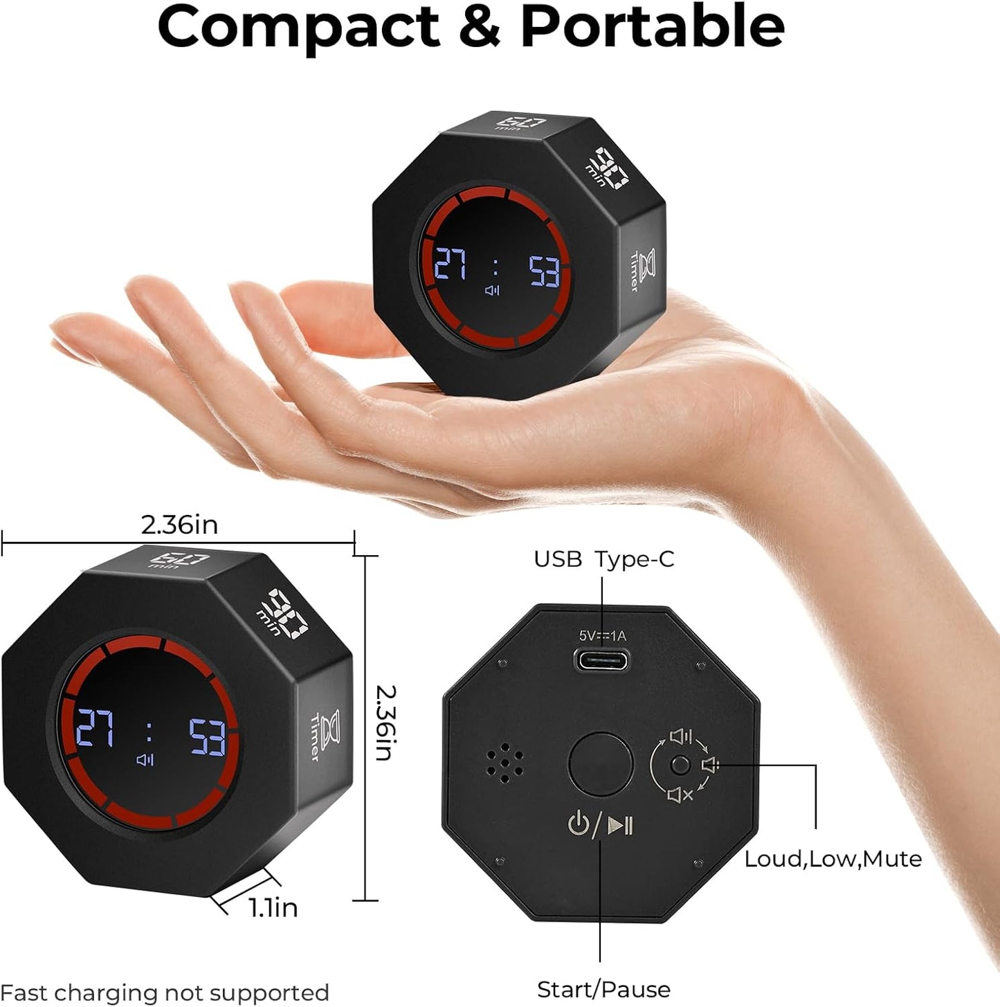 Rechargeable Pomodoro Timer, 8-Angle Auto-Rotating Screen with Gravity Sensor, Digital Timers for Classroom, Small Kitchen Timers for Cooking, Work and Study (Space Gray)