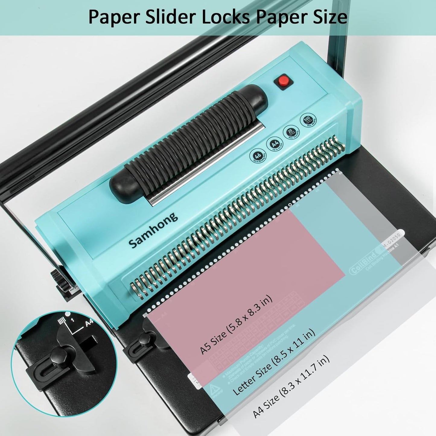 SAMHONG Spiral Coil Binding Machine - Electric Coil Inserter & 20-Sheet Punch (Letter/A4/A5) | 46 Fully Disengaging Dies | Adjustable Margins | Bind up to 440 Sheets | Free Coil Spines & Plier