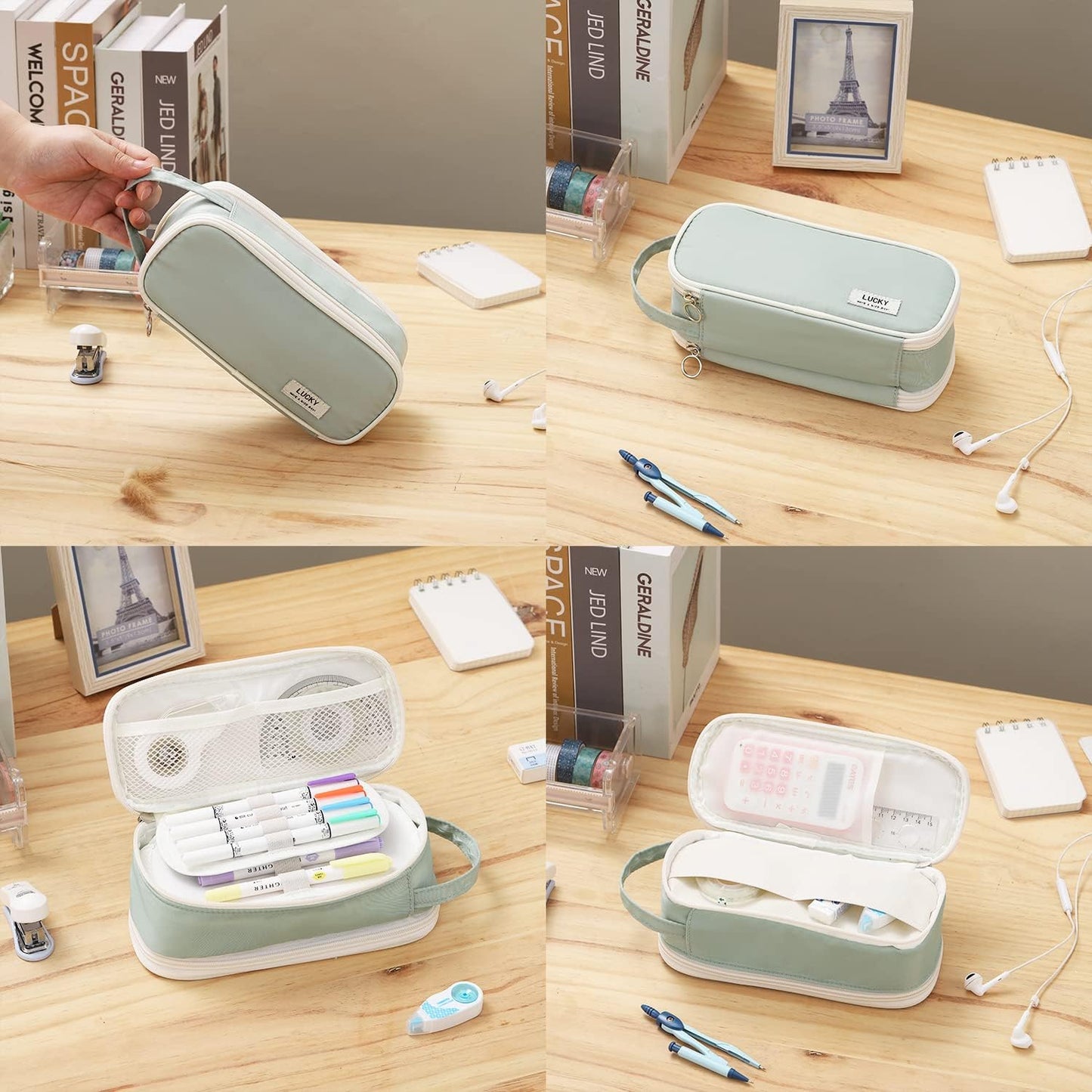 Dugio Big Pencil Case for Girls Teens Kids Zipper Pencil Pouch with Handle Organizer Pencil Bag Aesthetic Pencil Box for School Green