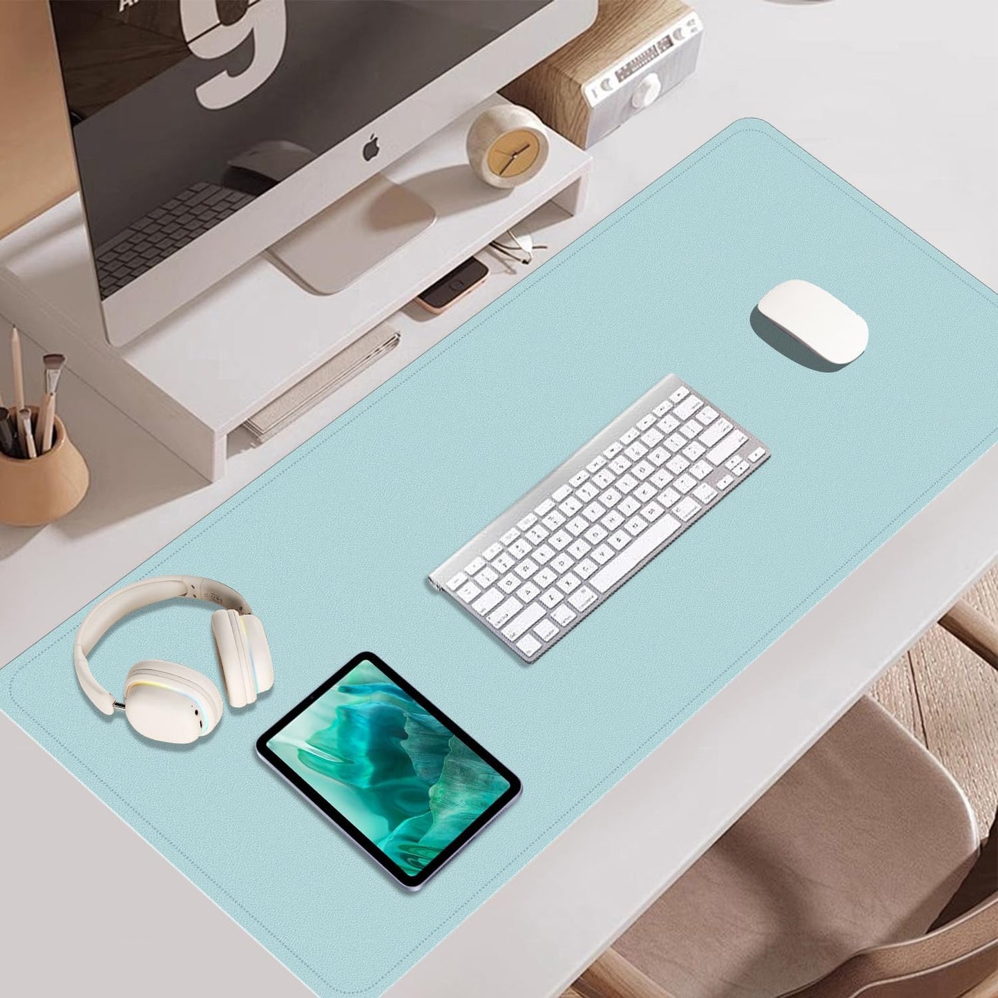 Dual-Sided Desk Pad, Natural Cork & PU Leather Mouse Pad for Desk, Desk Pad Protector, Non-Slip Desk Mat for Office and Home Work, (Light Blue, 23.6" x 13.7")