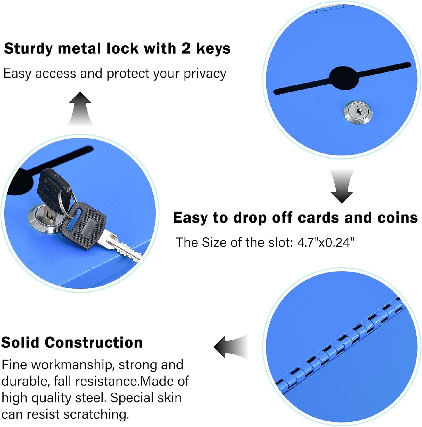 xydled Wall Mounted Ballot & Donation Box with 50 Suggestion Cards, Metal Suggestion Collection Box with Key Lock, Blue, 8.7"x 5.9"x7.1"