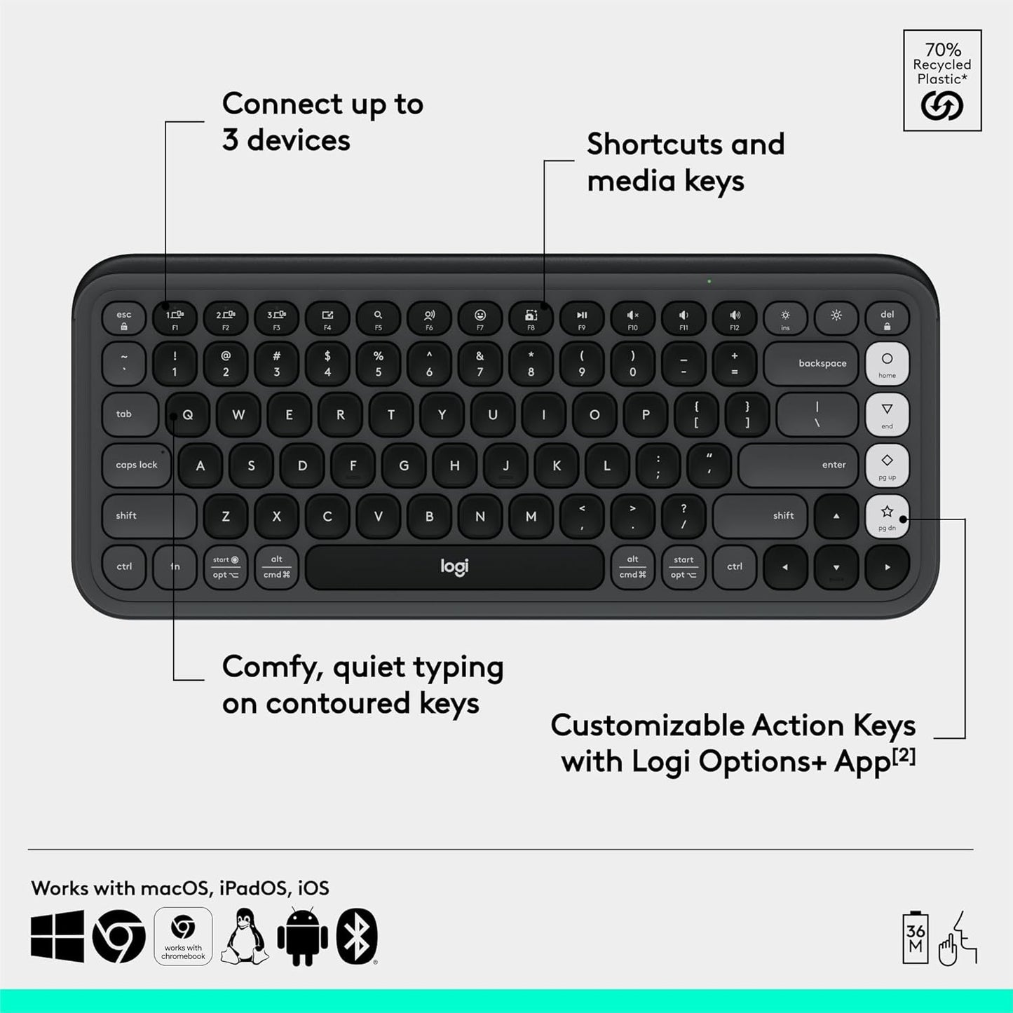 Logitech POP ICON Keys Wireless Bluetooth Keyboard, Comfortable Typing, Programmable Keys, Easy-Switch Between up to 3 Devices, for Laptop, Tablet, PC – Graphite and White