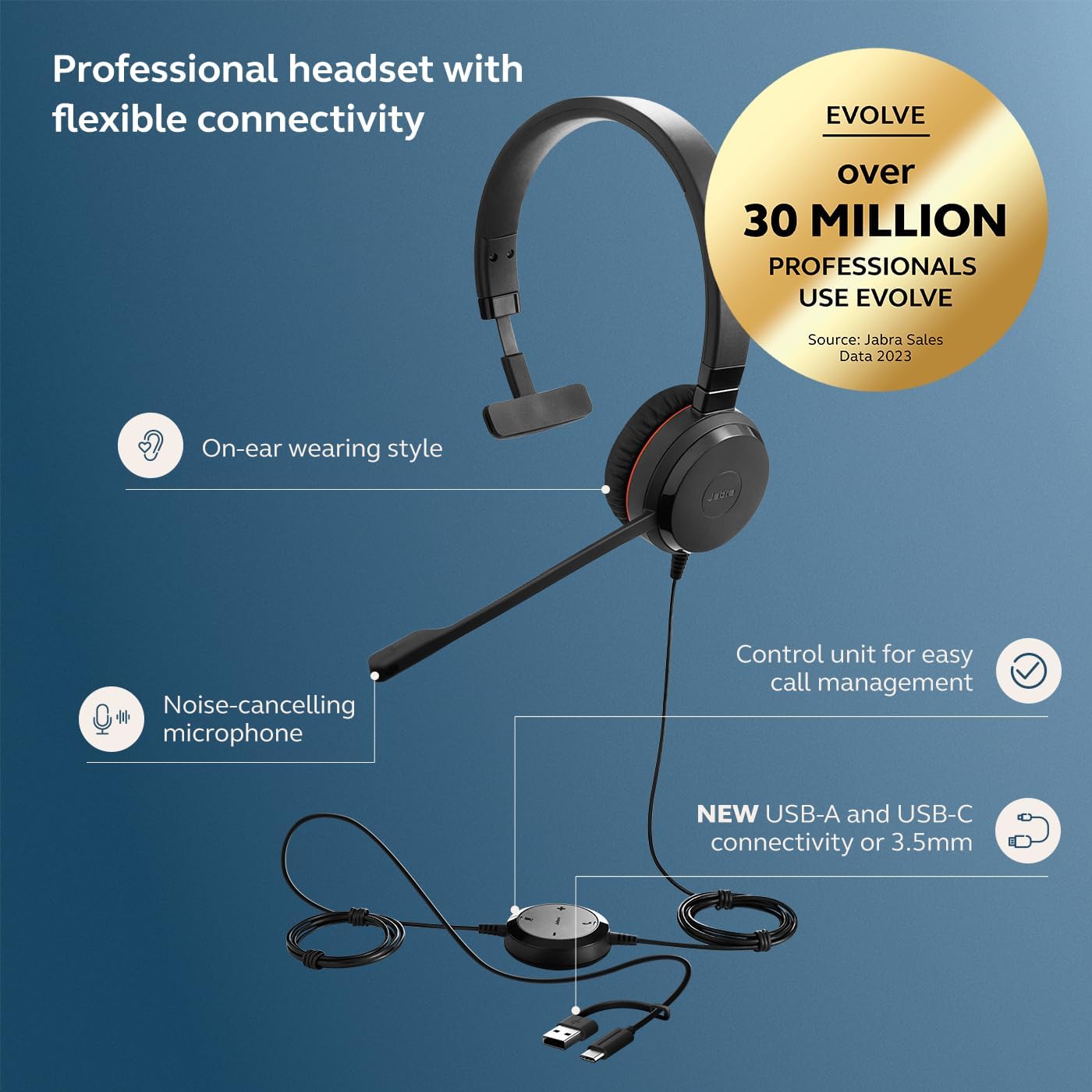 Jabra Evolve 30 II Wired Single-Ear Headset with Mic for Work - 3.5mm Jack, USB-A/USB-C Connectivity, Computer Headset with Noise-Cancelling Microphone, Microsoft Teams Certified, Call Control - Black