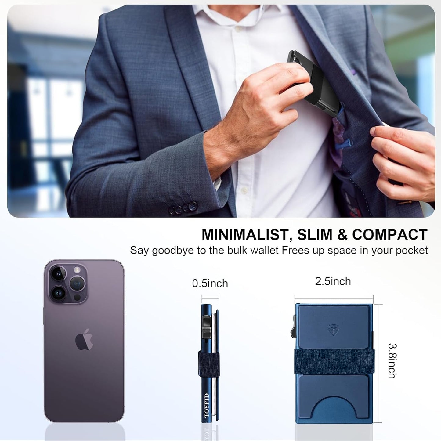 Slim Wallet for Men, Minimalist Pop Up Wallet, Metal Wallet, RFID Blocking Mens Wallets with Expandable Backplate & Cash Band, Holds 12+ Cards Plus Cash, Navy Blue