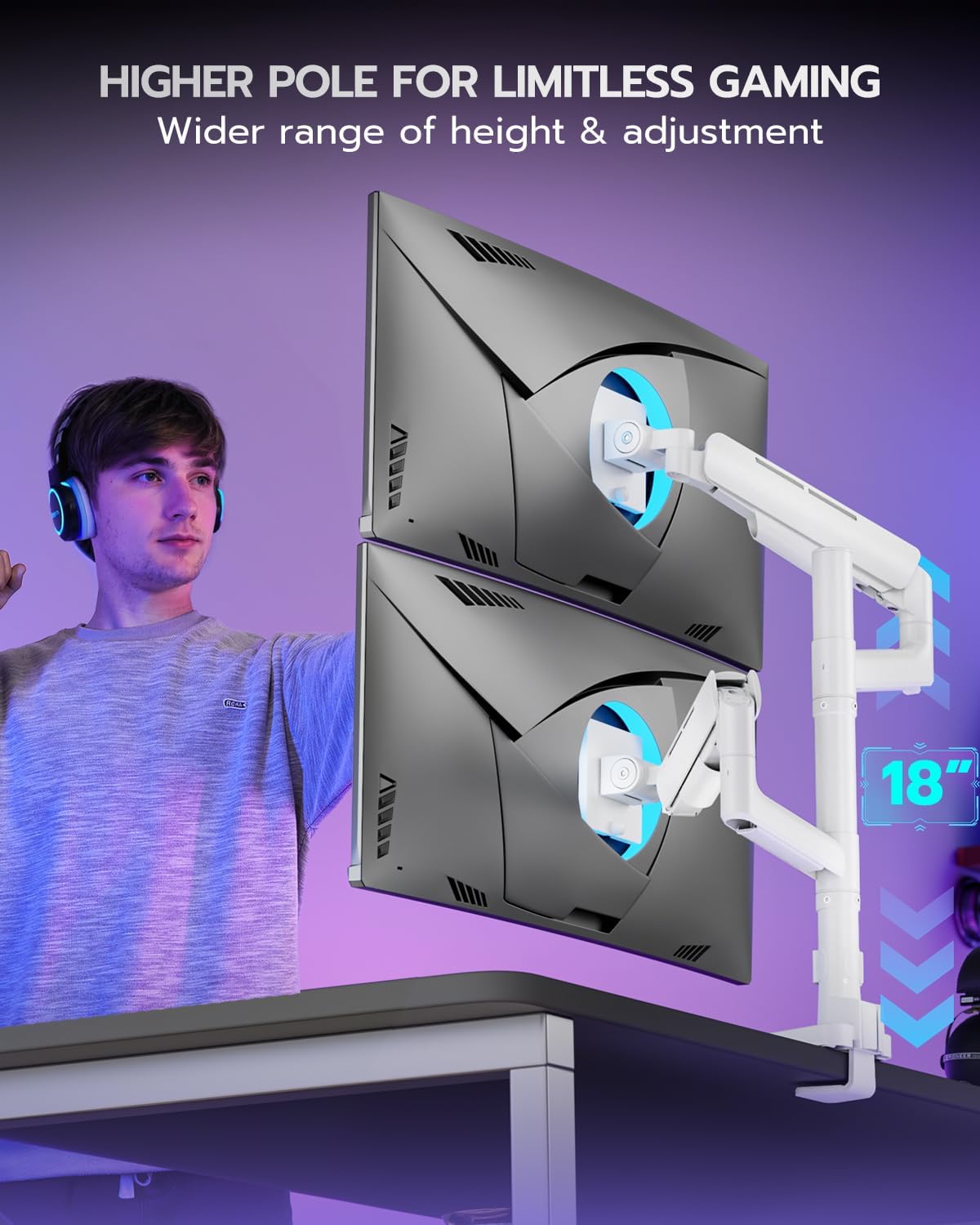 Vertical Dual Monitor Mount for 17-49 Inch Ultrawide Heavy Duty Curved Screen Stacking, Computer Monitor Arm Desk Mount, Gas Spring Adjustable Vesa Stand, White