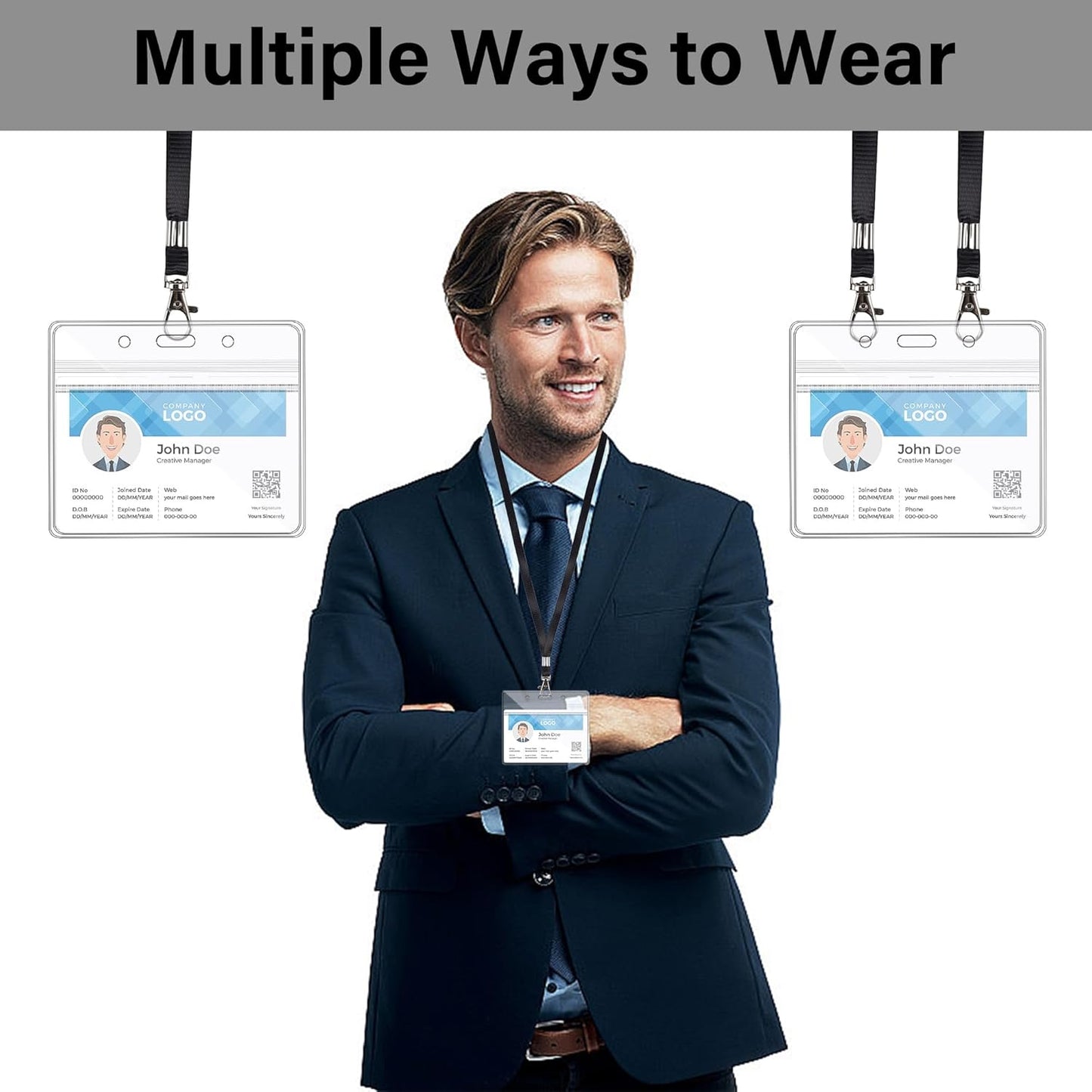 Happy Trees Badge Holder Horizontal ID Card Protector, Name Tag Badge Holders with Resealable Zip, Clear PVC Plastic Sleeves, Pass Case Credential Pouch for Office, School (8 Pack)