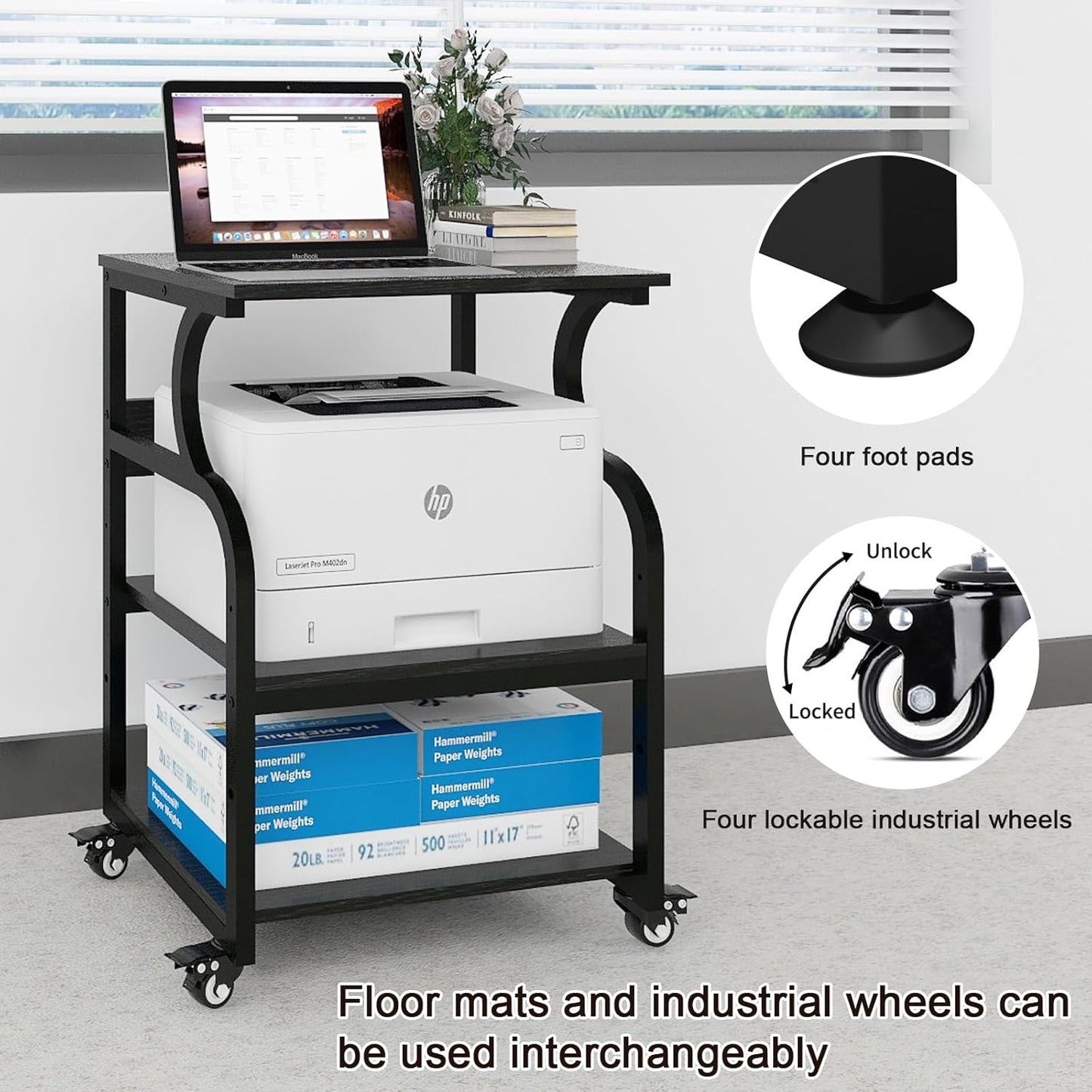 Natwind Large Printer Stand,24''x20''x29''Printer Table with Adjustable Storage Shelf,3 Tier Rolling Printer Cart with Wheels,Home Office Multifunctional Shelves for Heat Press,3D Printer (Black)