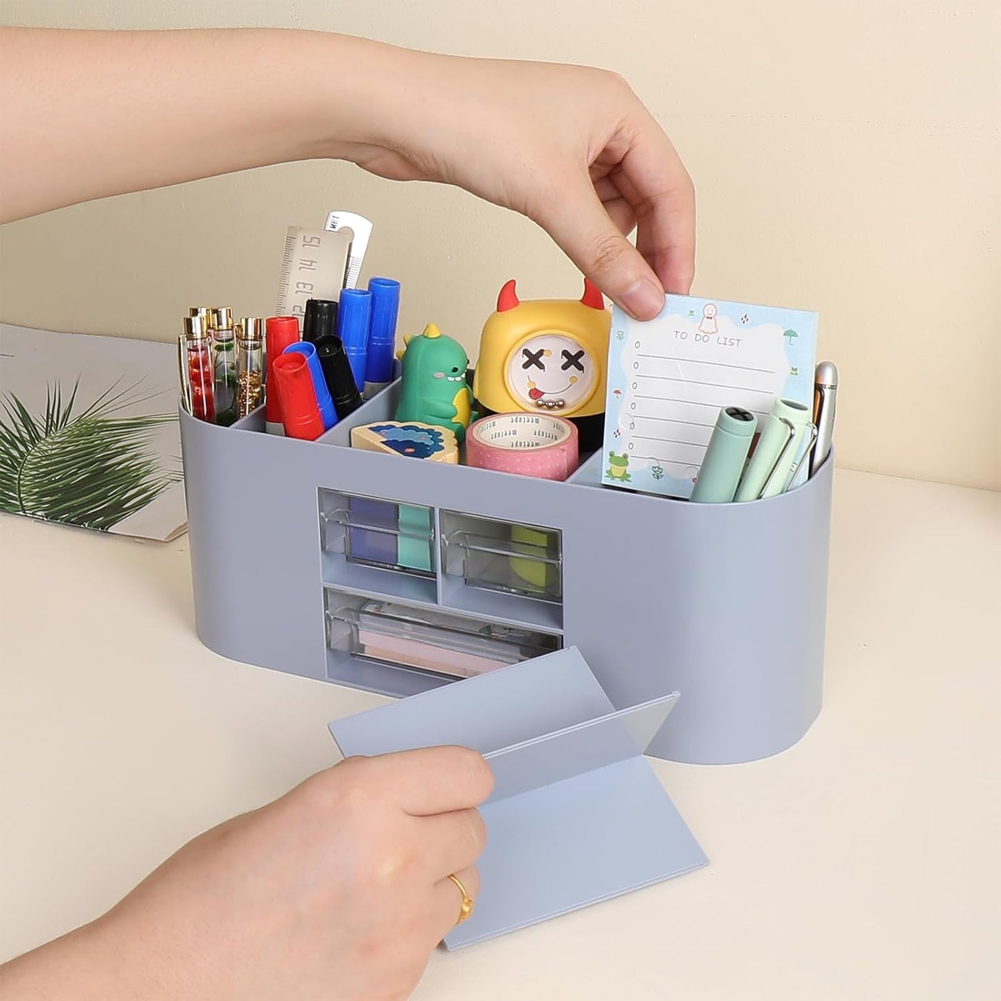 INSTOME Pencil Pen Holder for Desk with 3 Drawers - All-In-One Desk Organizer - Perfect Desk Accessories for Office Use - Stylish & Convenient Desk Organizers and Accessories (Blue)