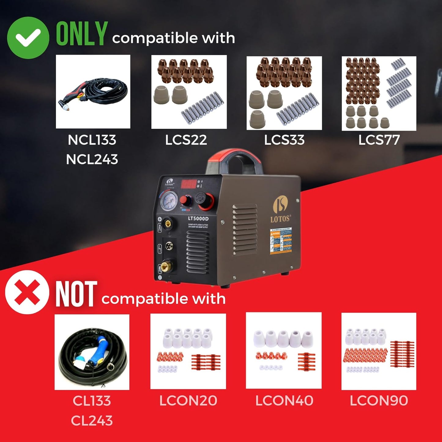 LOTOS LT5000D Plasma Cutter, 2024 Upgraded 5/8 inch 16mm Clean Cut 3/4 inch 20mm Severance Cut 50A Plasma Metal Cutter Machine, Plasma Cutting Equipment, Dual Voltage 120V or 240V, Brown