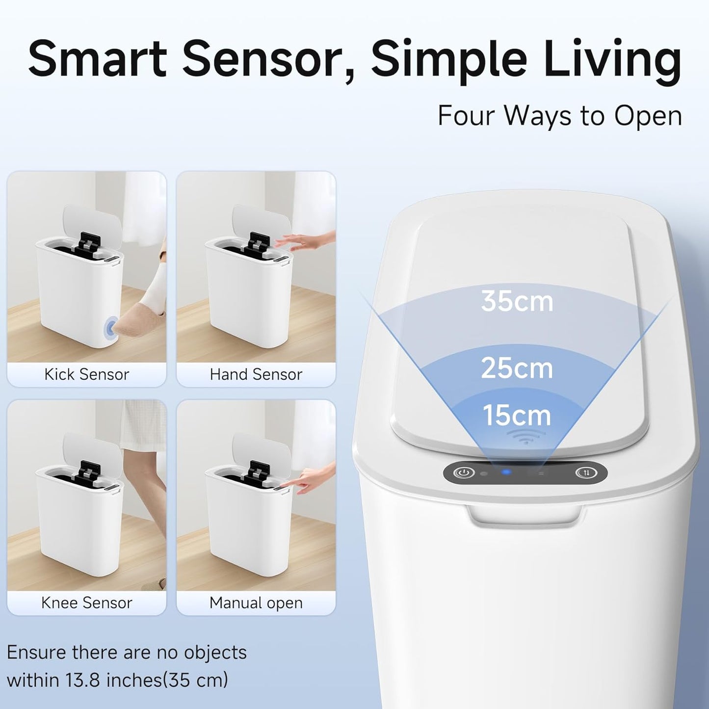 5 Gallon Motion Senor Bathroom Trash Can with Lid, Automatic Garbage Can Touchless, Smart Plastic Waste Basket for Narrow Spaces, Bathroom, Office, Bedroom, Living Room (White)