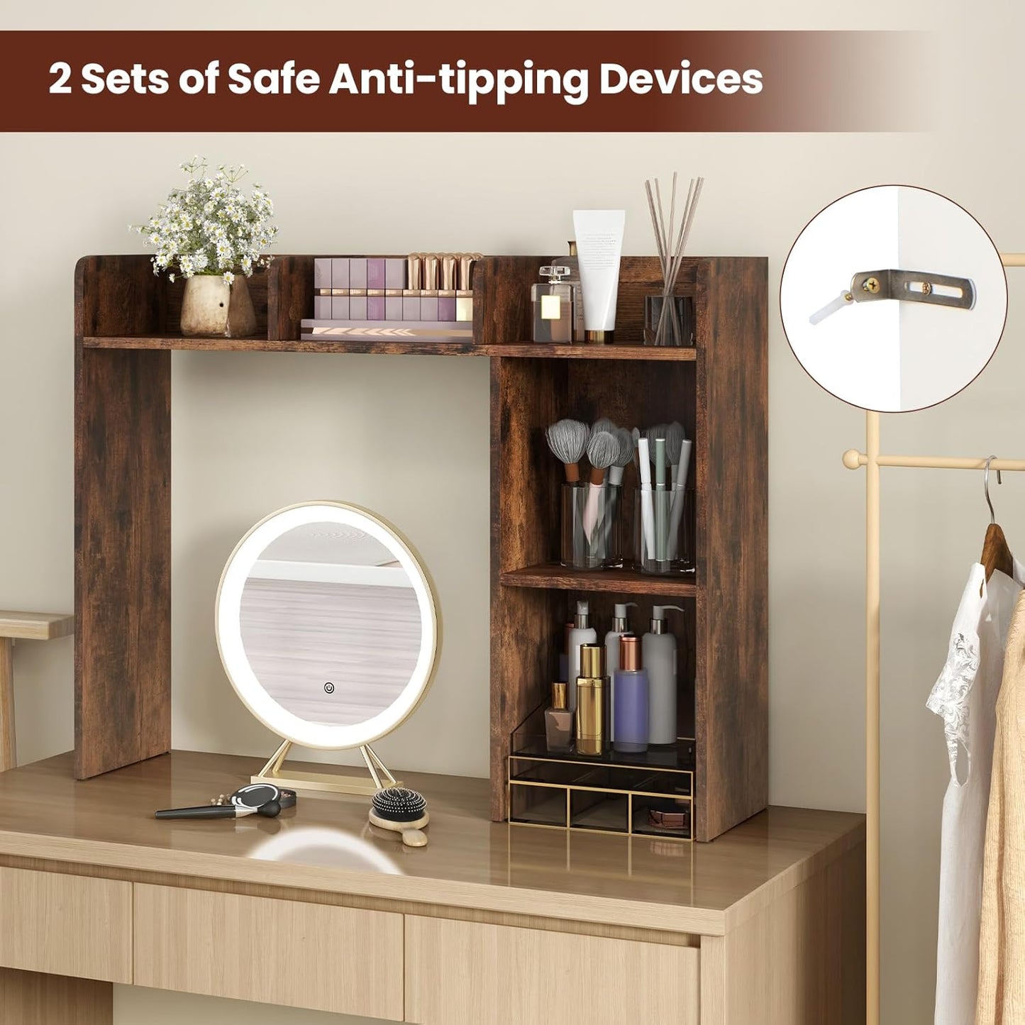 Desk Hutch, Desktop Shelf with 5 Shelves, Desk Bookshelf w/Anti-Toppling Devices, Wood Table Top Bookshelf Organizer, Small Desk Shelf for Study, Office, Dorm (Rustic Brown, 5 Shelves)